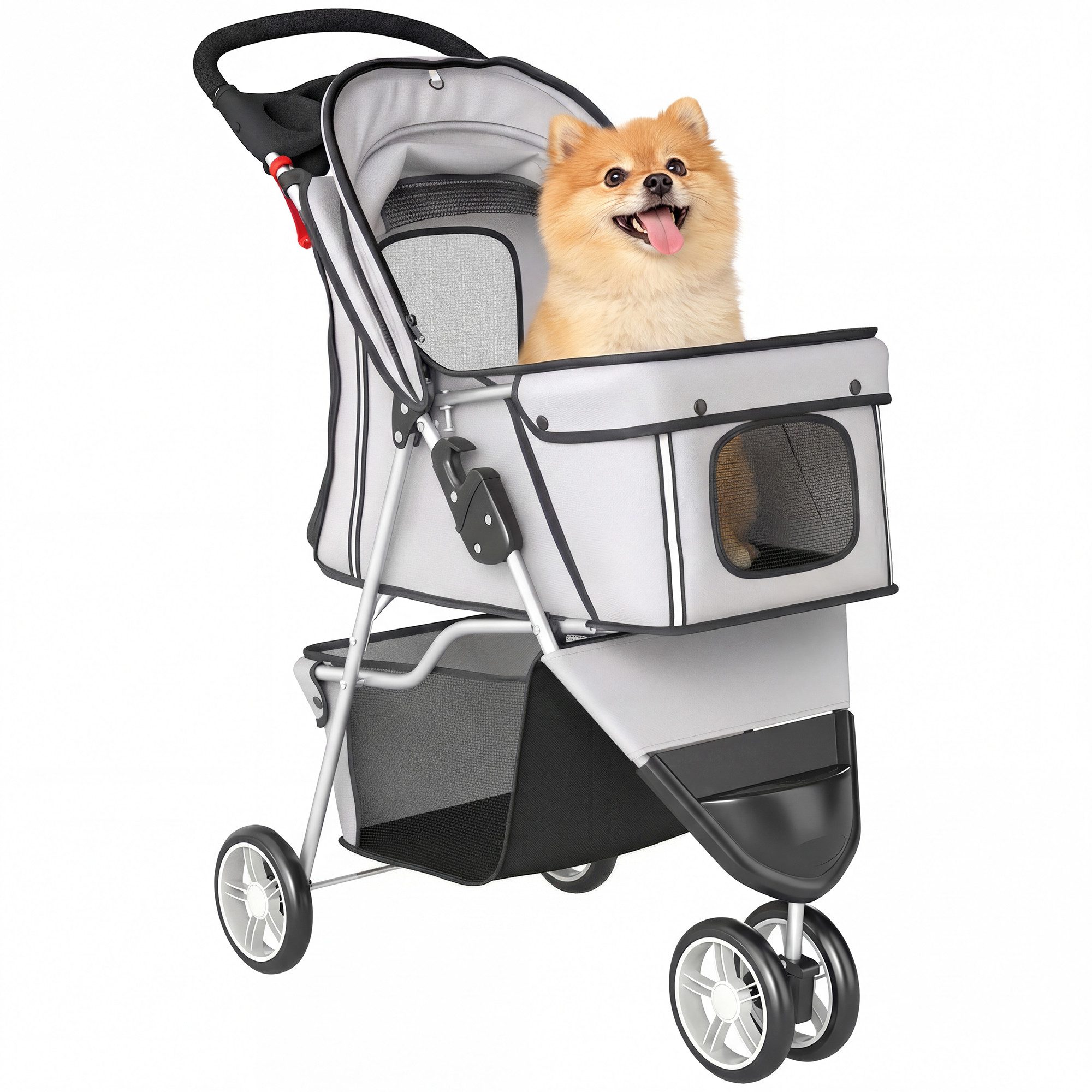 PawHut Hundebuggy Katzenwagen Haustierbuggy verstellbares Verdeck Aufbewahrungskorb, (klappbar Hundewagen, 1-tlg), für kleine Hunde bis 10kg, Grau