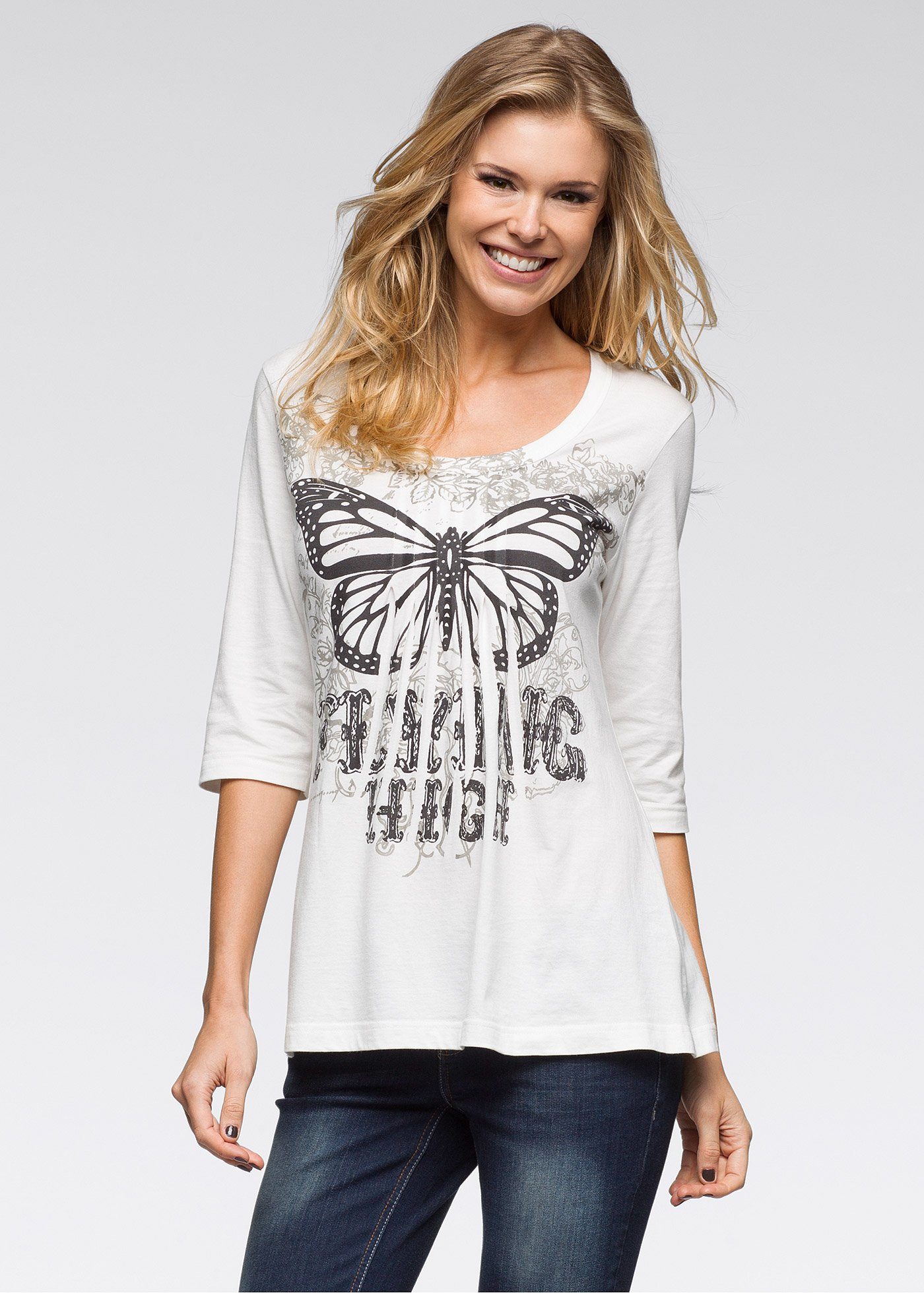 903248 Tunika 3/4 ecru Arm Shirt YESET Damen Schmetterling-Print Tunikashirt T-Shirt
