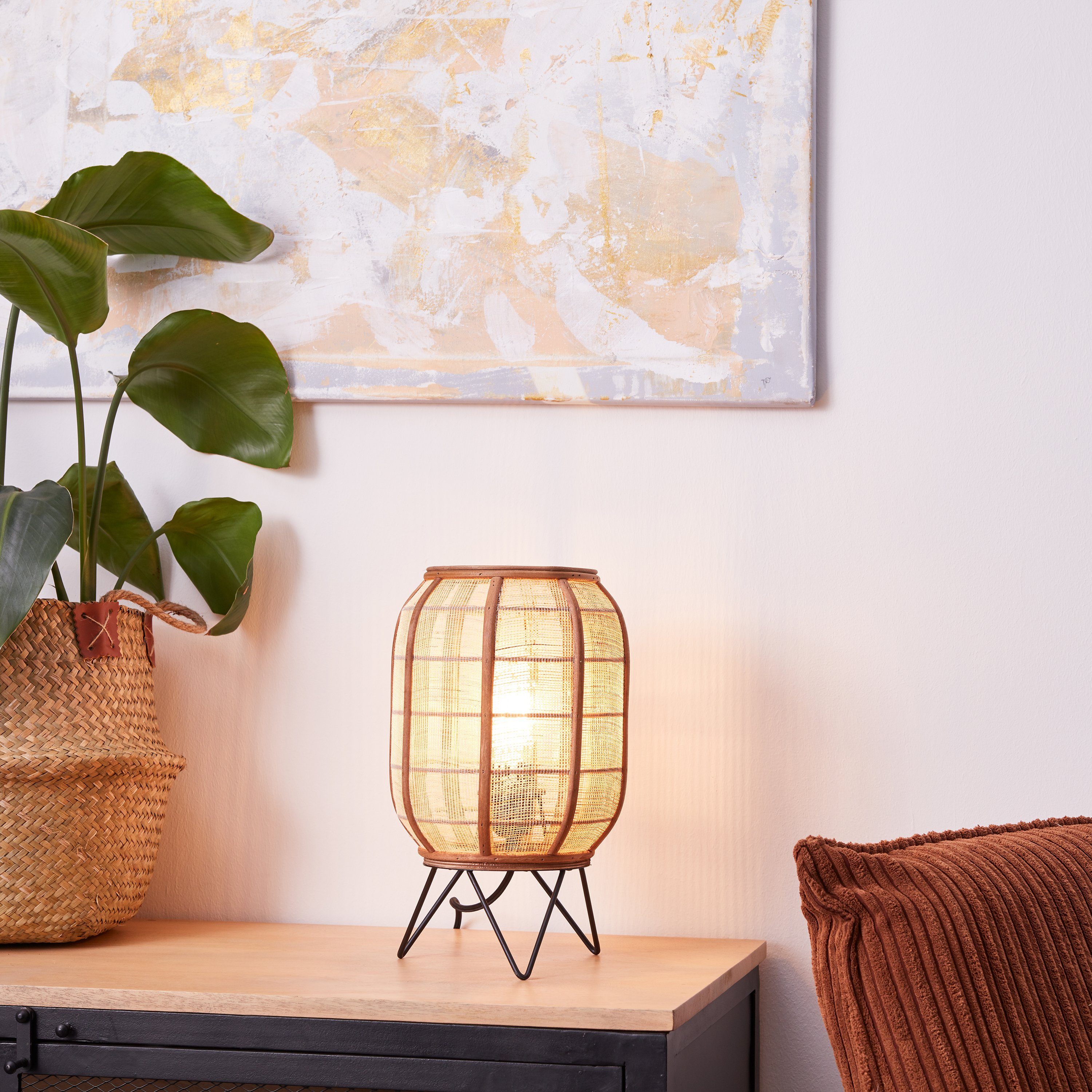 Home Höhe, und affaire Tischlampe Tischleuchte Leuchtmittel, Style im ohne Holz mit aus Nature Schirm Textil Rouez, 32cm