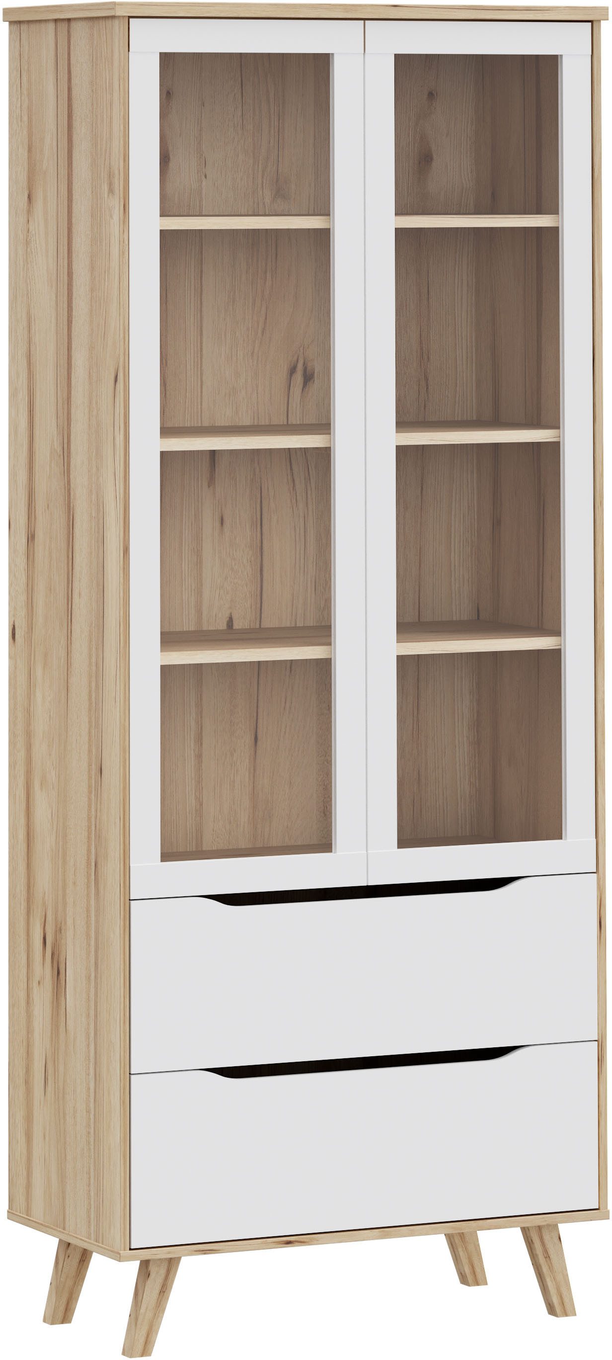 FORTE Vitrine Vankka Stauraumvitrine (B/H/T 84,7/201,5/41,7 cm) 2 Glastüre, Grifflos, zeitloses Design, 2 Schubkästen