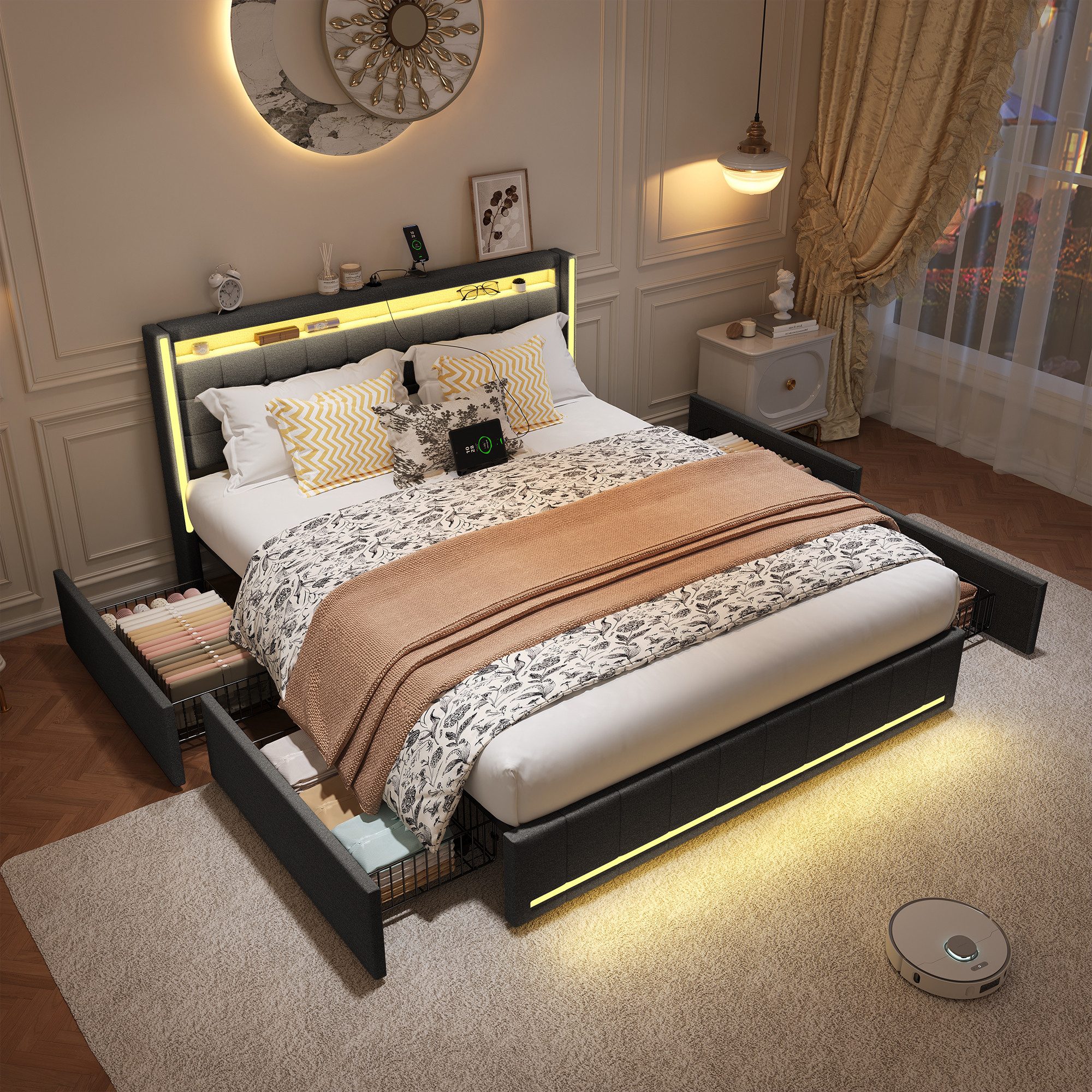 PXloue Polsterbett LED Doppelbett 140x200cm mit Ladefunktion und 4 Schublad günstig online kaufen