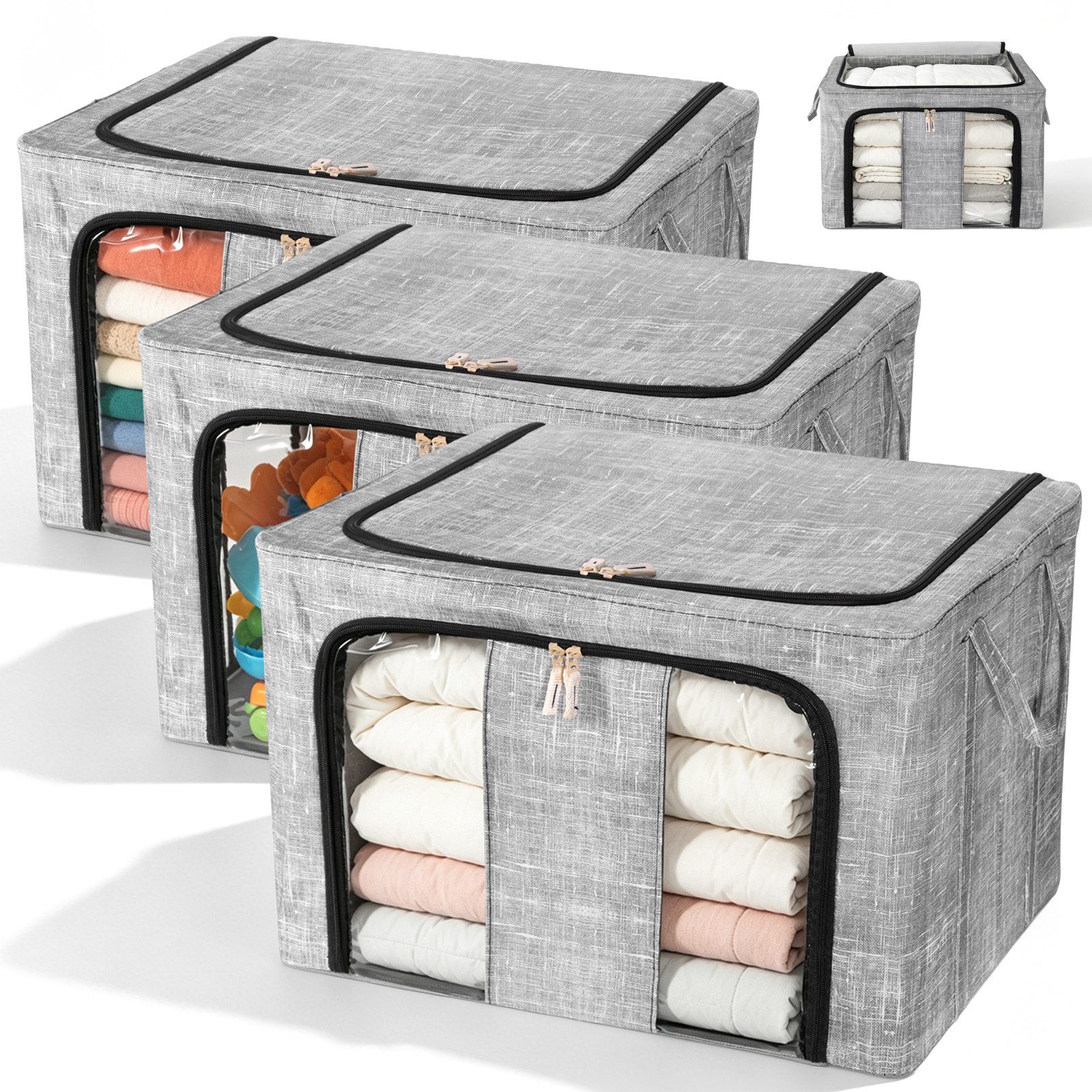 BlingBin Aufbewahrungsbox Faltbare Aufbewahrungstasche, Metallrahmen, kleiderschrank organizer (3er-Set, 3 St., 50 x 40 x 33 cm, 66 L Kleiderbox), mit Fenster, dichtem Reißverschluss & Griffen, für Kleidung Bettwäsche