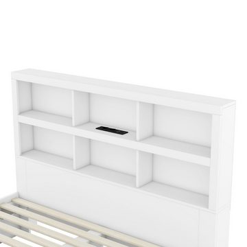 Merax Holzbett 160x200cm mit 6 Fächern und 2 Schubladen, Doppelbett Kingsize mit USB-Anschluss, aus Massivholz