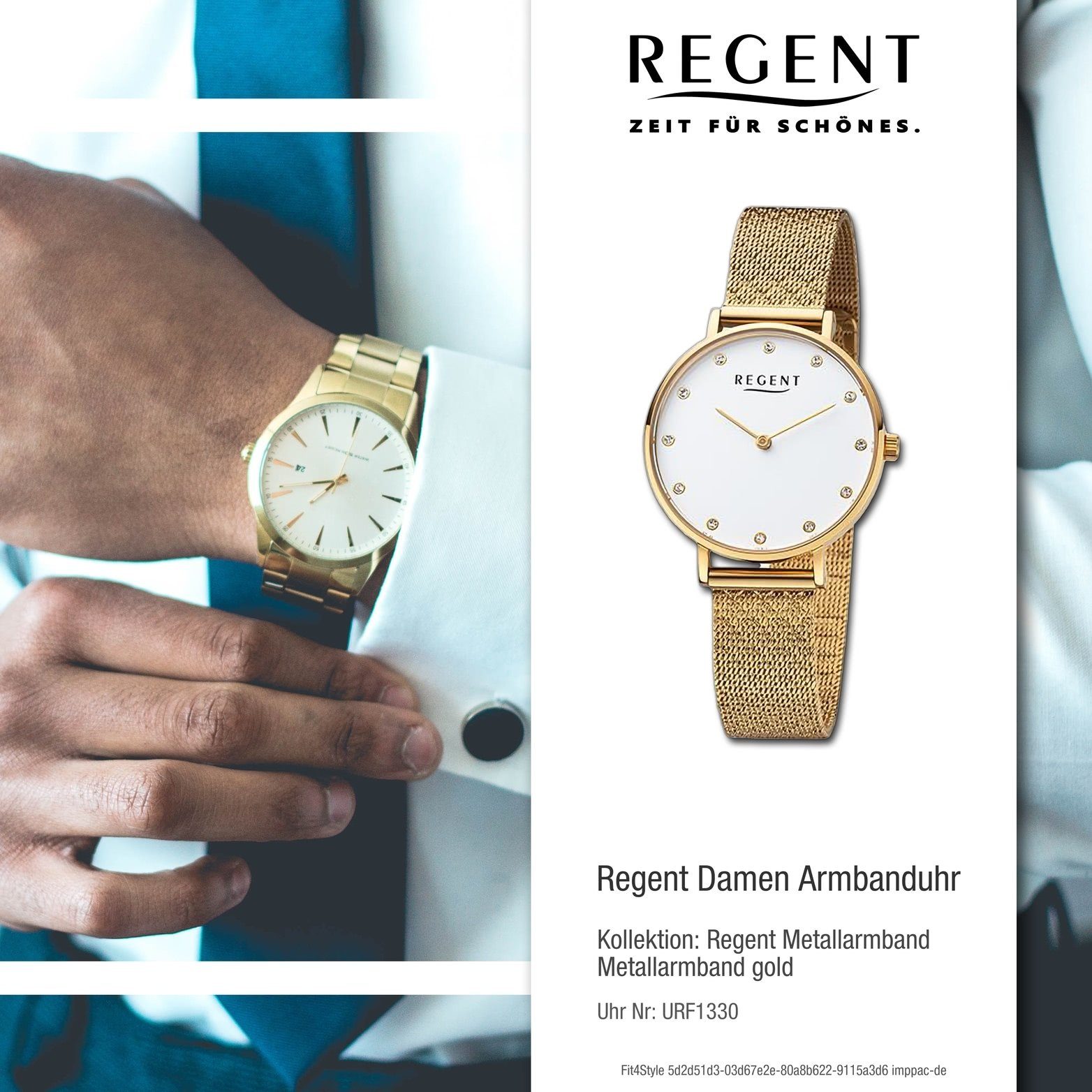 groß extra rundes gold, Quarzuhr Regent Regent Armbanduhr Damenuhr (ca. 32mm) Damen Metallarmband Analog, Gehäuse,