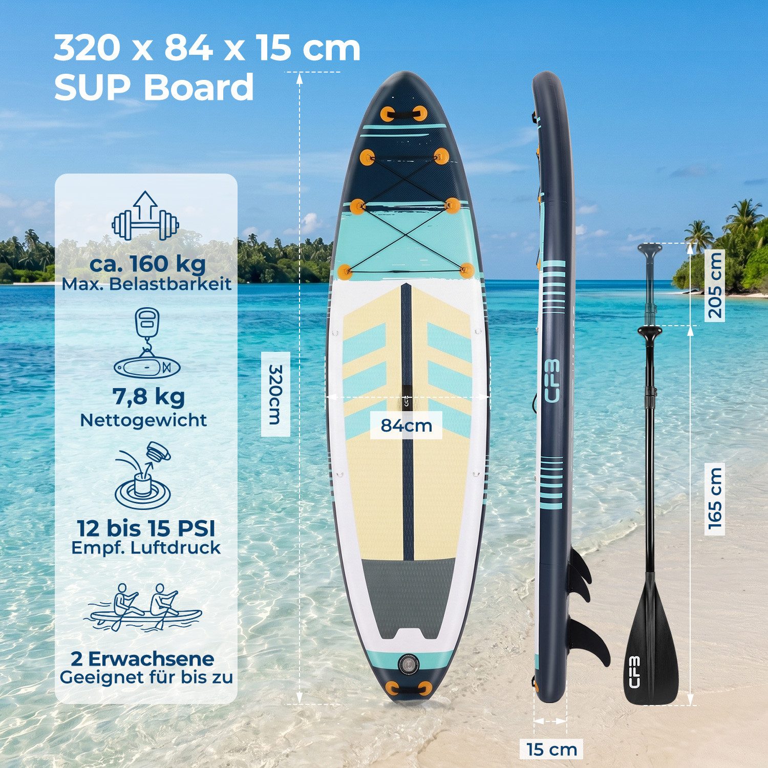 CFB SUP-Board Set 320/335 cm, extra breit, Komplettset, aufblasbares Stand Up Paddle Board, (mit Paddel, Pumpe, Rucksack, 5L Dry Bag und Schultergurt)