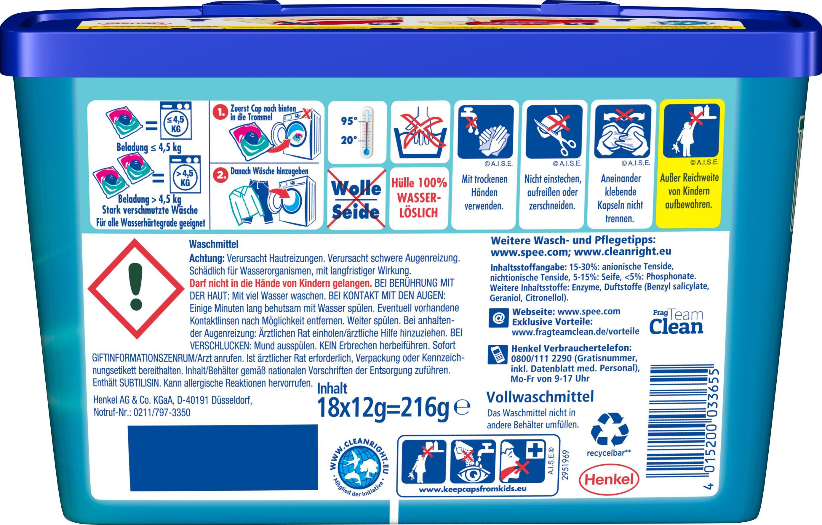 Spee 4 in 1 Power Caps Frische Kick 18 WL Vollwaschmittel (18-St. Kapseln mit 24h Deo-Frische gegen Alltagsgerüche)