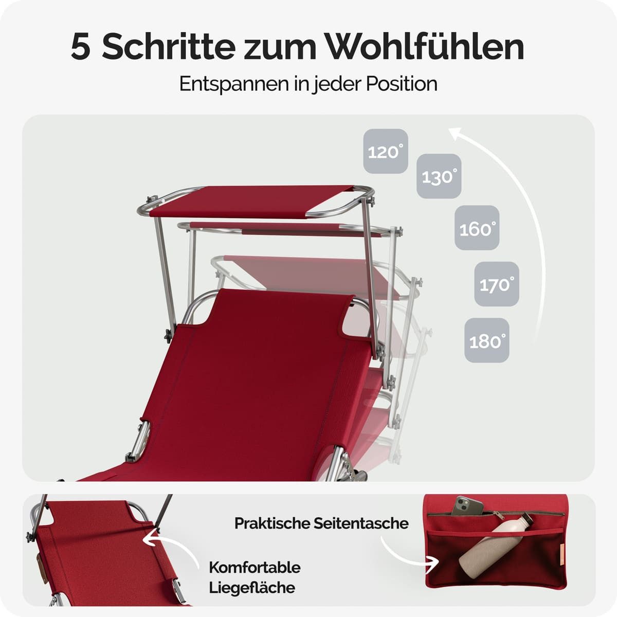 Casaria Gartenliege Ibiza, 2 St., Sonnenliege Klappbar 2er Set mit Dach Liegestuhl Strand 190x60cm Rot