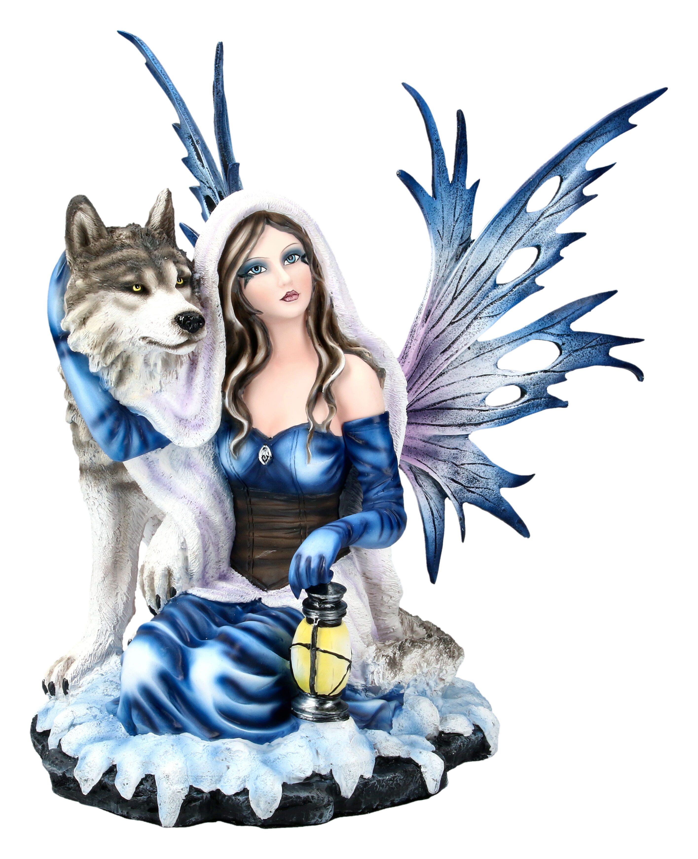 Figuren Shop GmbH Fantasy-Figur Elfen Figur kniet bei Wolf Fantasy Dekofigur Tierdeko