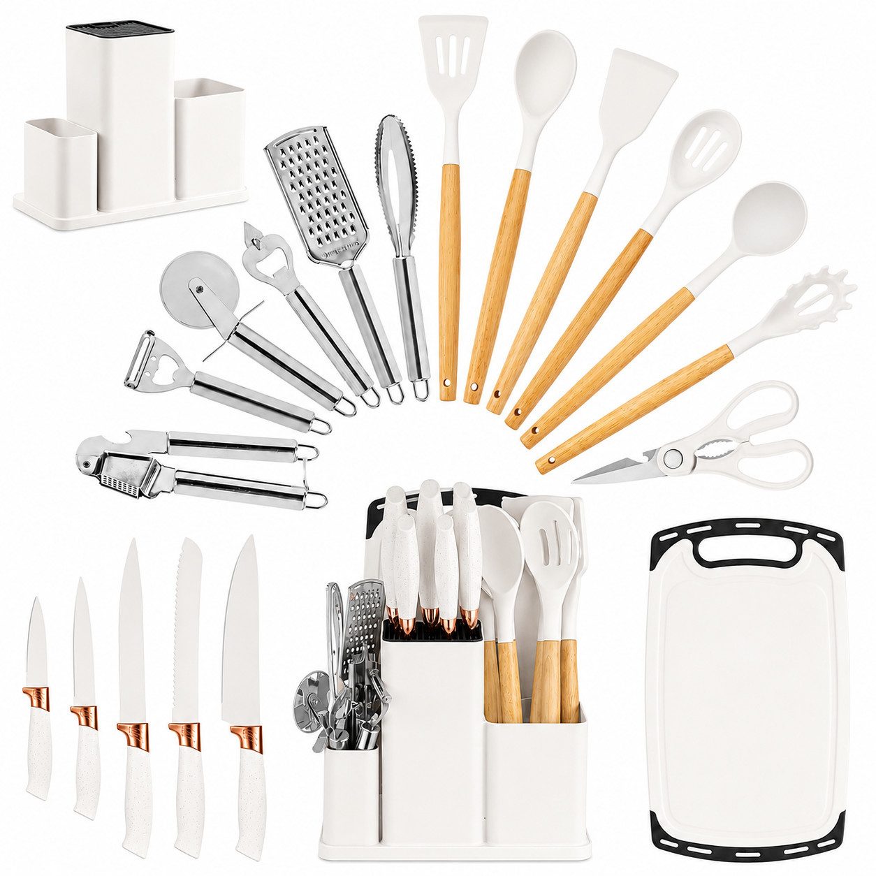 Diyarts Kochbesteck-Set (für beschichtete Pfannen, inklusive Kochmesser, Beige 23-teilig, Grün, Weiß und Schwarz je 20-teilig), Schonende Silikon-Küchenhelfer mit Holzgriffen & Messer im Set
