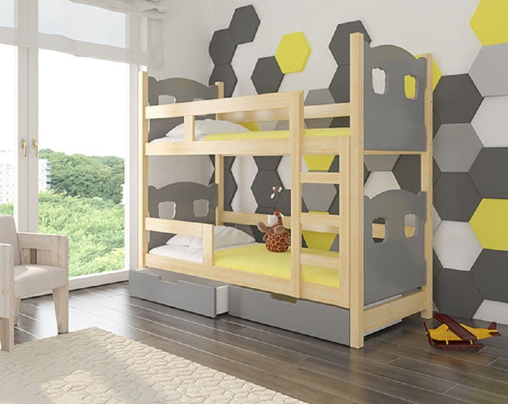 Feldmann-Wohnen Hochbett MARABA (Etagenbett mit 2 Schlafgelegenheiten) Farbe wählbar Kiefer Natur / Absetzungen: grau | Hochbetten