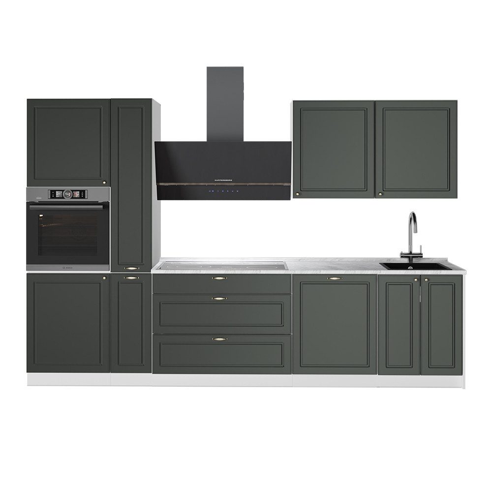 Vicco Küchenzeile Fame-Line, Grün-Gold Landhaus/Weiß, 310 cm, AP Marmor