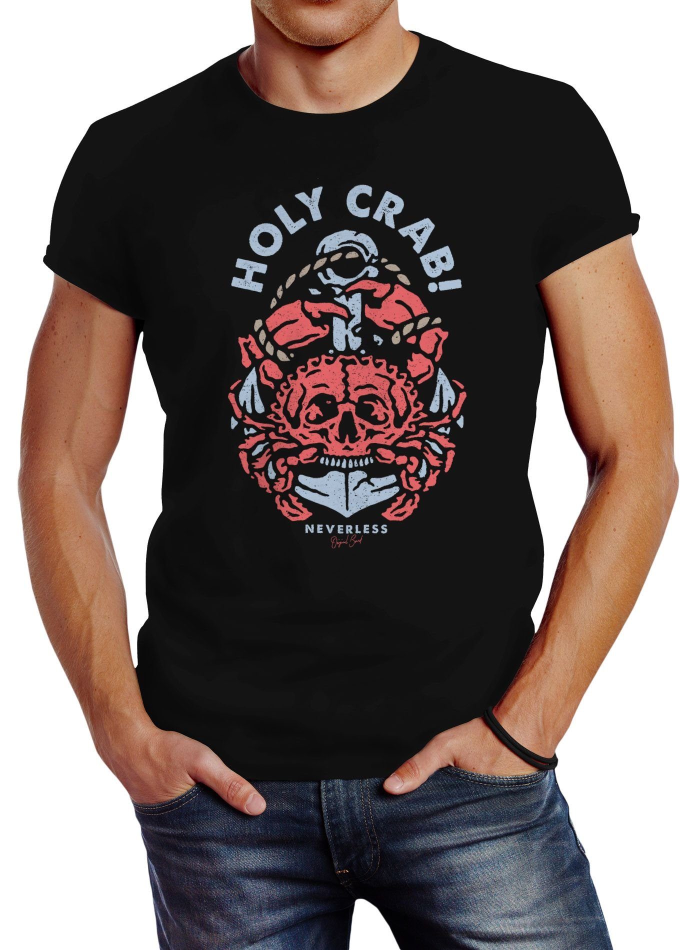 Neverless Skull witzig Crab Fit Neverless® mit Anker schwarz maritimes Print-Shirt Motiv Print Motiv Herren T-Shirt Slim
