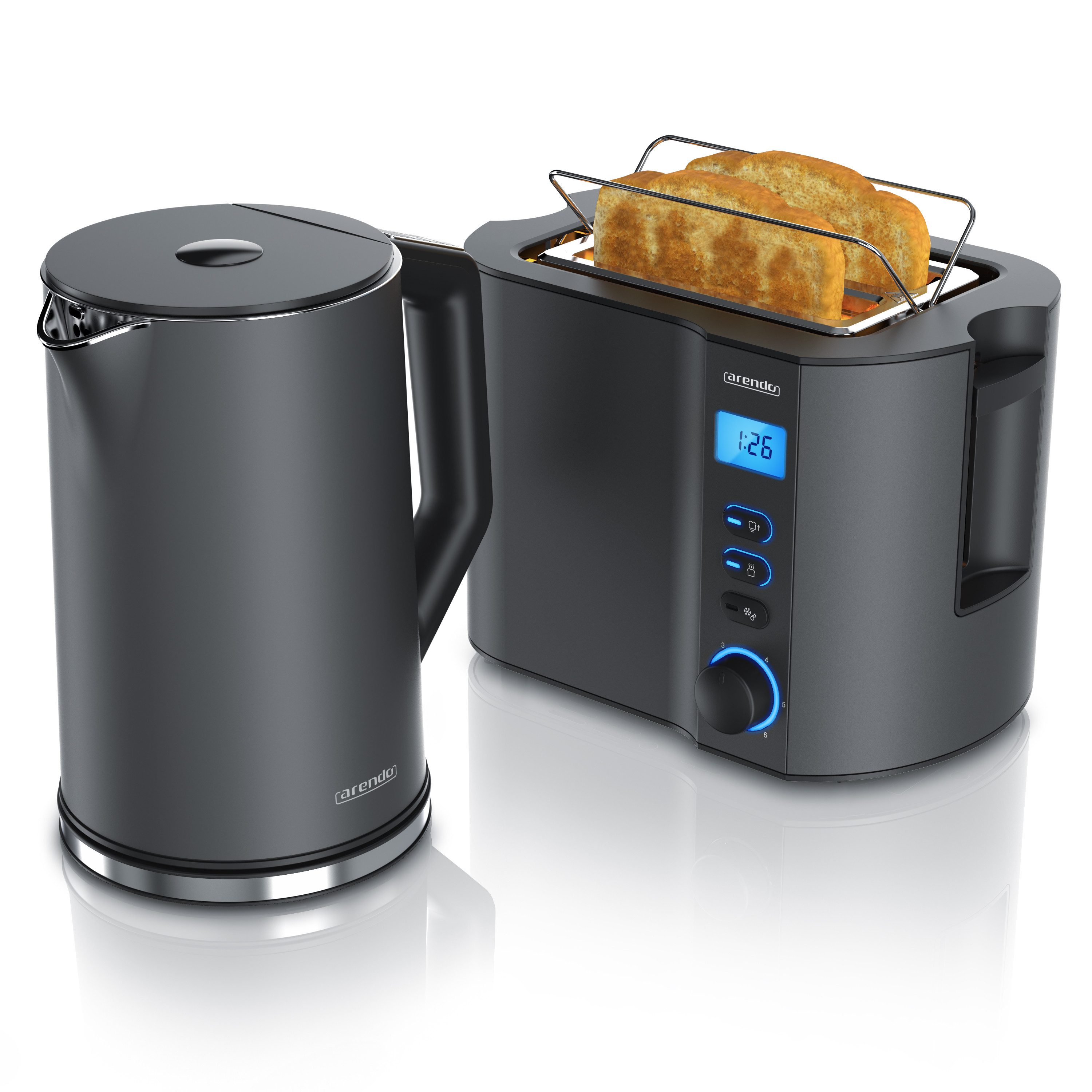 Arendo Frühstücks-Set Set aus Wasserkocher mit Temperatureinstellung, 2-Scheiben-Toaster (2-tlg), 1,5 L, Warmhaltefunktion, LCD-Display, Brötchenaufsatz, grau