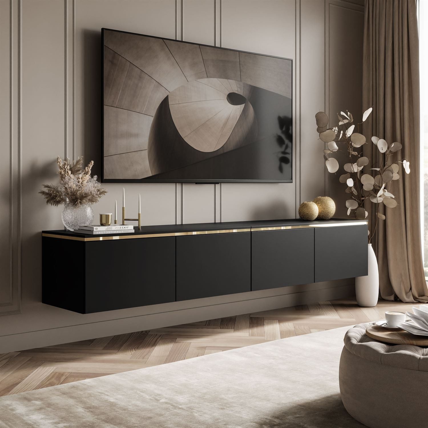 Lookway TV-Schrank CELINE Schwarz Matt Hängeschrank mit LED-Beleuchtung Breite: 200 cm