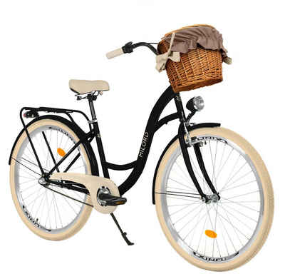 MILORD BIKES Cityrad Milord City Fahrrad Korb Damen, 28/26 Zoll, Schwarz-Creme, 3-Gang, 3 Gang, Nabenschaltung