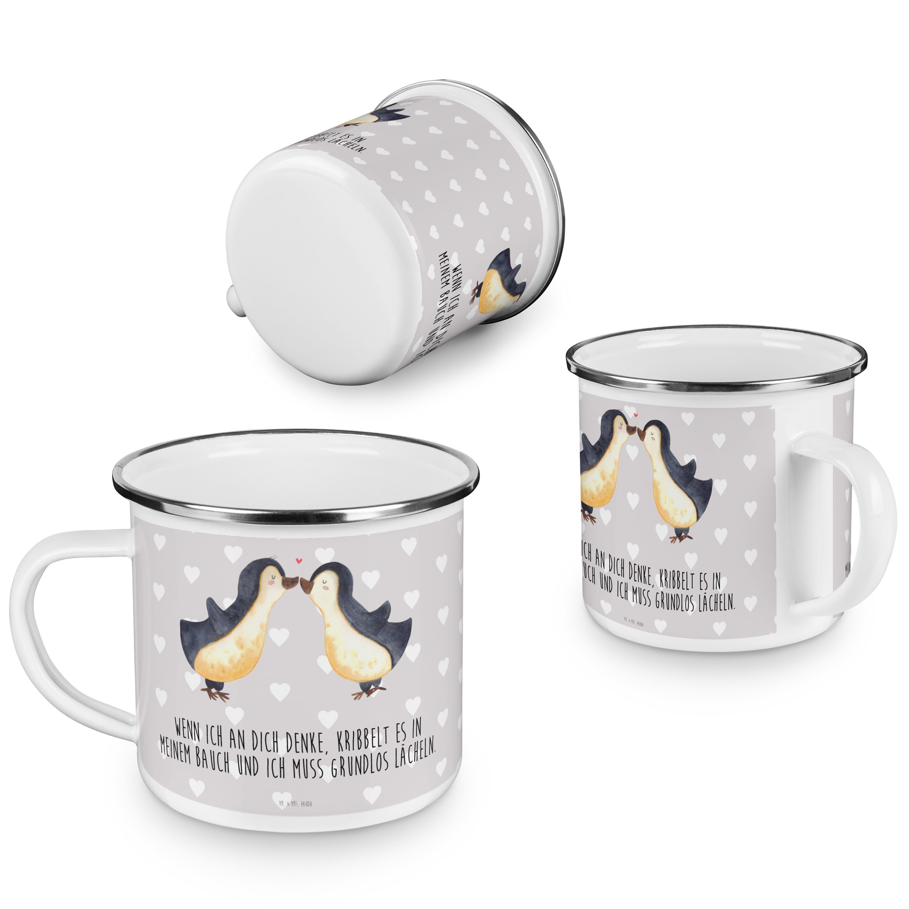 Mr. & Mrs. Freund, Emaille Kuss Geschenk, Panda Camping, Pinguine Trinkbecher, Pastell Grau - Becher 