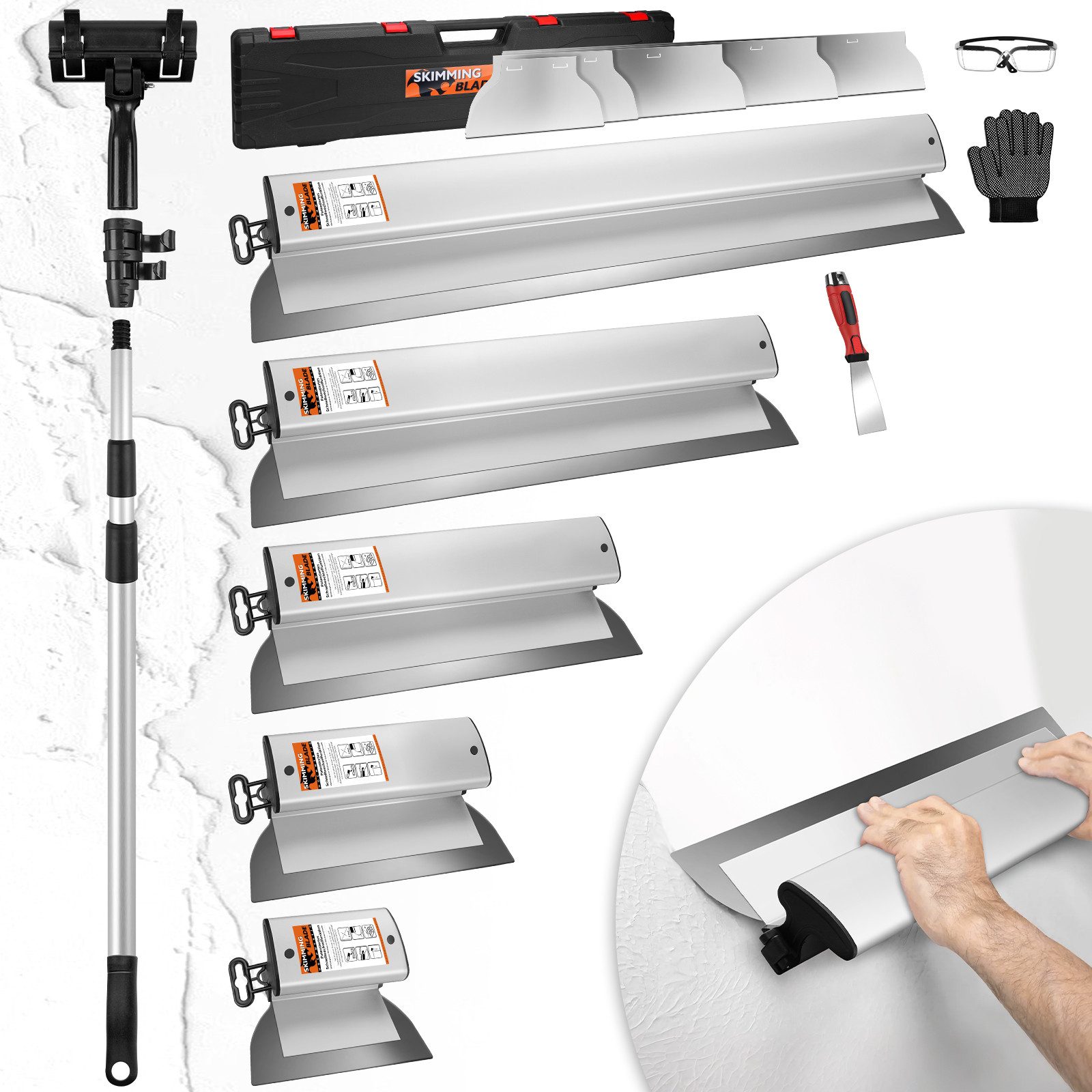 XERSEK Flächenspachtel Spachtel Flächenspachtel Set 15-80cm-Edelstahl-Klingen Teleskopstangec (Verlängerter Aluminiumgriff, Schnellwechsel, …
