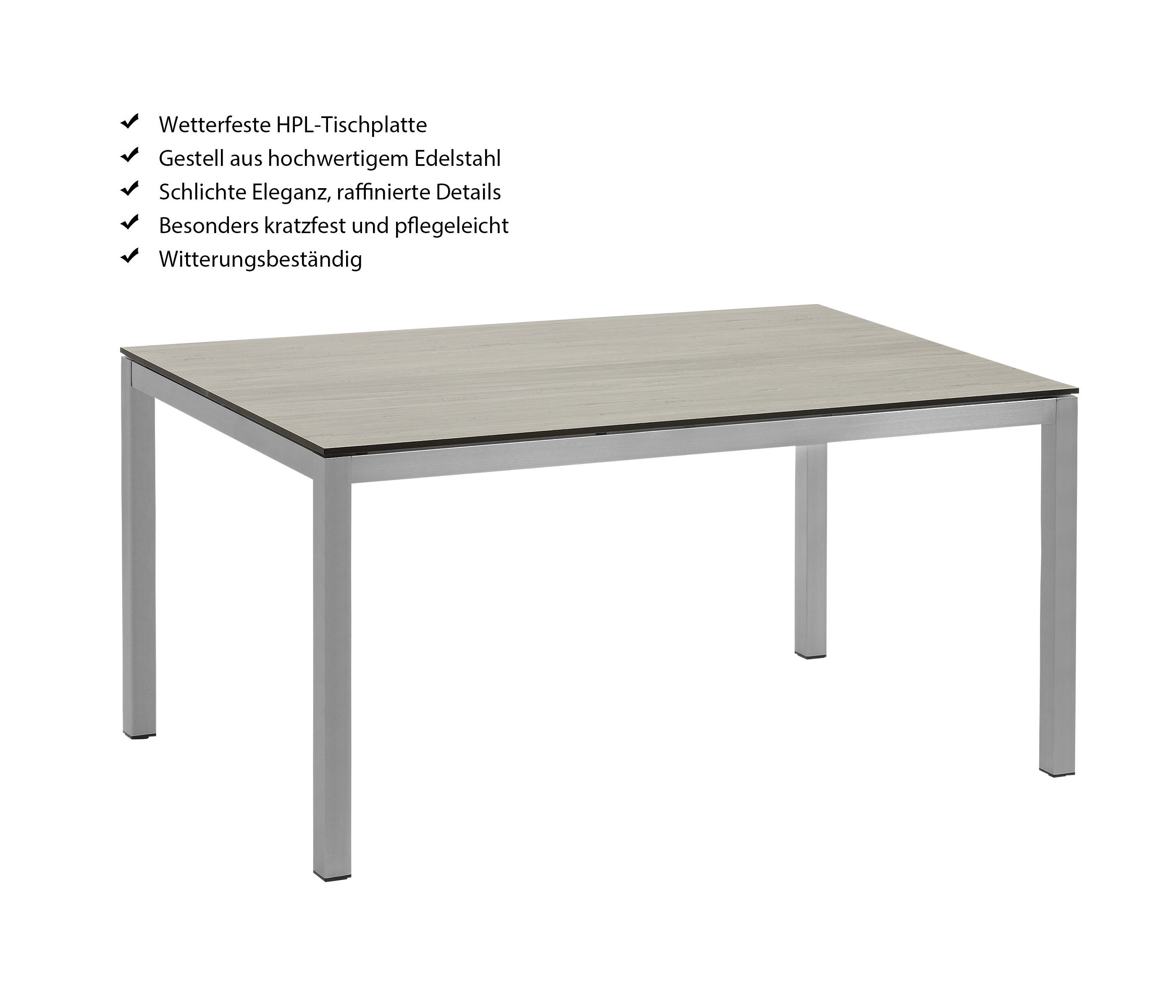 Dehner Gartentisch Nantes, 152 x 90 x 75 cm, Edelstahl/Kunststoff,  Wetterbeständiger Gartentisch aus Edelstahl mit einer HPL-Tischplatte