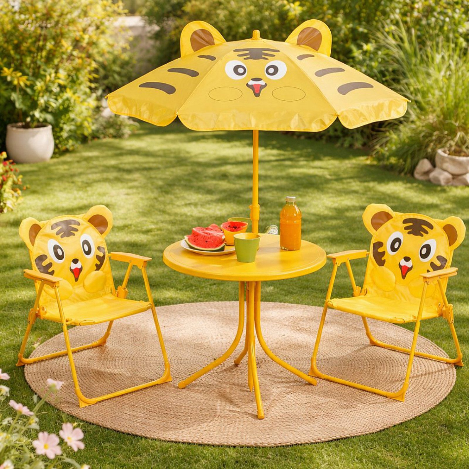 Koopman Garten-Kindersitzgruppe Sitzgruppe Tiger Strandschirm Tisch Kindermöbel 4tlg, (Stück, 1-tlg., Packung), Tiger-Design, Faltstuhl, Orange / Gelb, Schattenspender, Outdoor