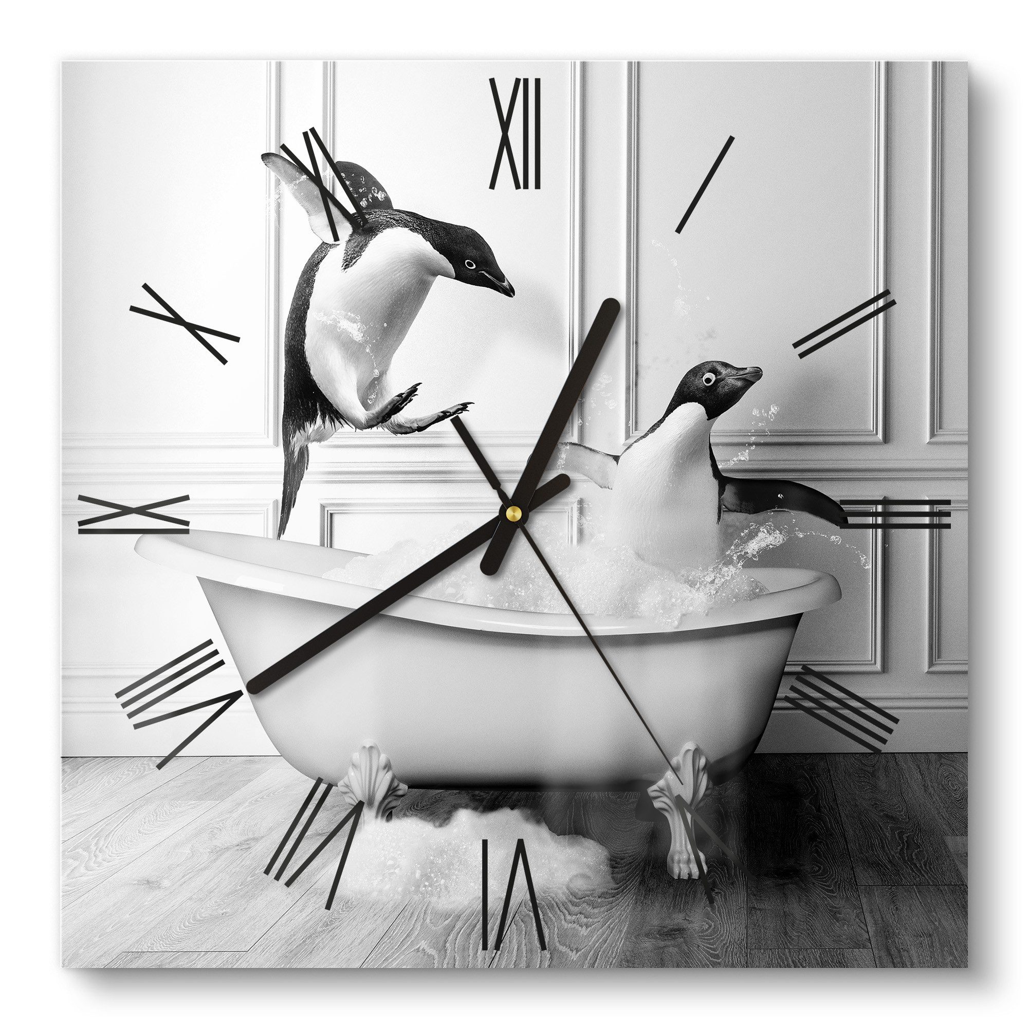DEQOART Wanduhr 'Pinguin-Plantschen' (Glas Glasuhr modern Wand Uhr Design Küchenuhr)