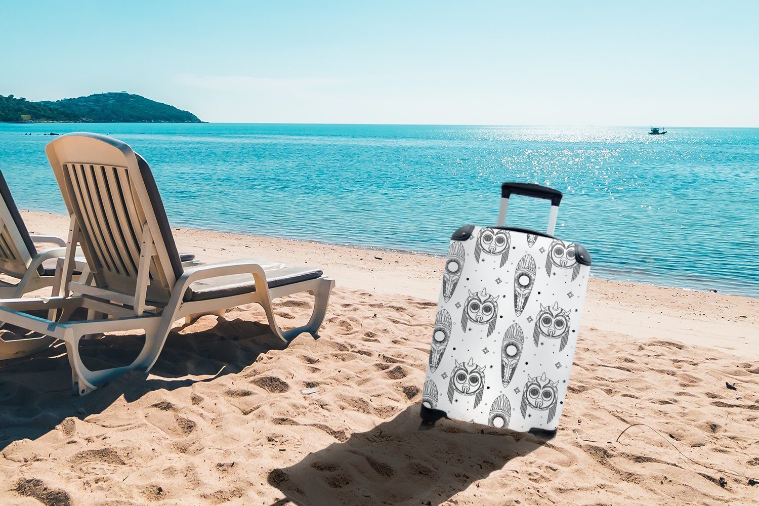 Reisekoffer Handgepäckkoffer - weiß Maya Schwarz - Masken Muster, mit - Trolley, für 4 und MuchoWow Ferien, Reisetasche rollen, Handgepäck Rollen,