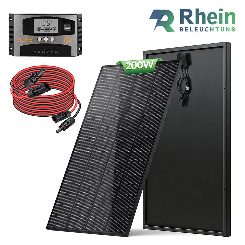 Rhein Beleuchtung Solarmodul 200W Solarpanel Set mit MPPT Laderegler & PV-Verlängerungskabel, 200 W, Topcon Monokristallines Silizium, (Set, 3-St., Mit 40A/100A MPPT Regler & 3 m MC4 Solarkabel für Wohnmobil), ETFE Topcon Solarmodul, 25% Wirkungsgrad, IP65 wetterfest