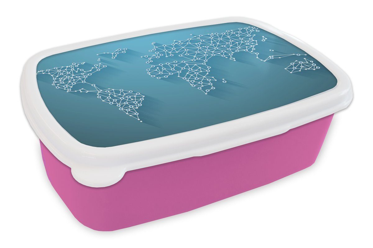 MuchoWow Lunchbox Weltkarte - Linien - Blau, Kunststoff, (2-tlg), Brotbox für Erwachsene, Brotdose Kinder, Snackbox, Mädchen, Kunststoff rosa