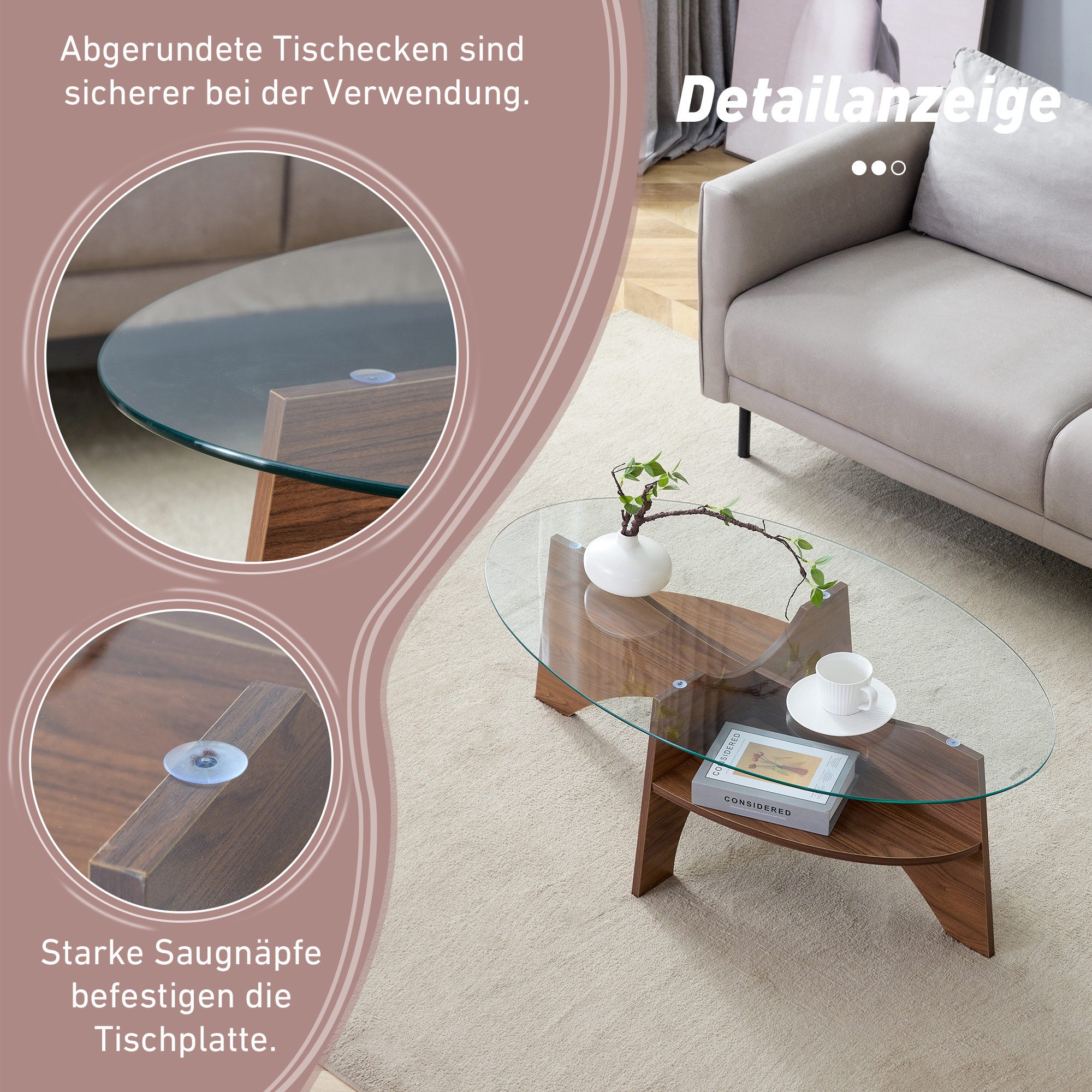 Odikalo Couchtisch Beistelltisch Kaffeetisch couchtisch rund (Ovaler Kaffee-Tisch aus Sicherheitsglas – 104,9 x 60 cm, Tischgestell mit nussbaumfarbenen, diagon – Bild 4 von 5