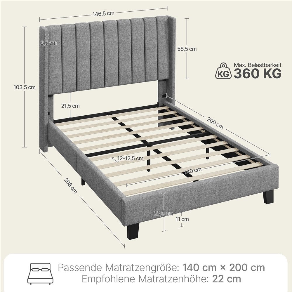 Yaheetech Polsterbett 140/160 x 200 cm, Doppelbett Familienbett Bettgestell mit Lattenrost, 140 x 200 cm