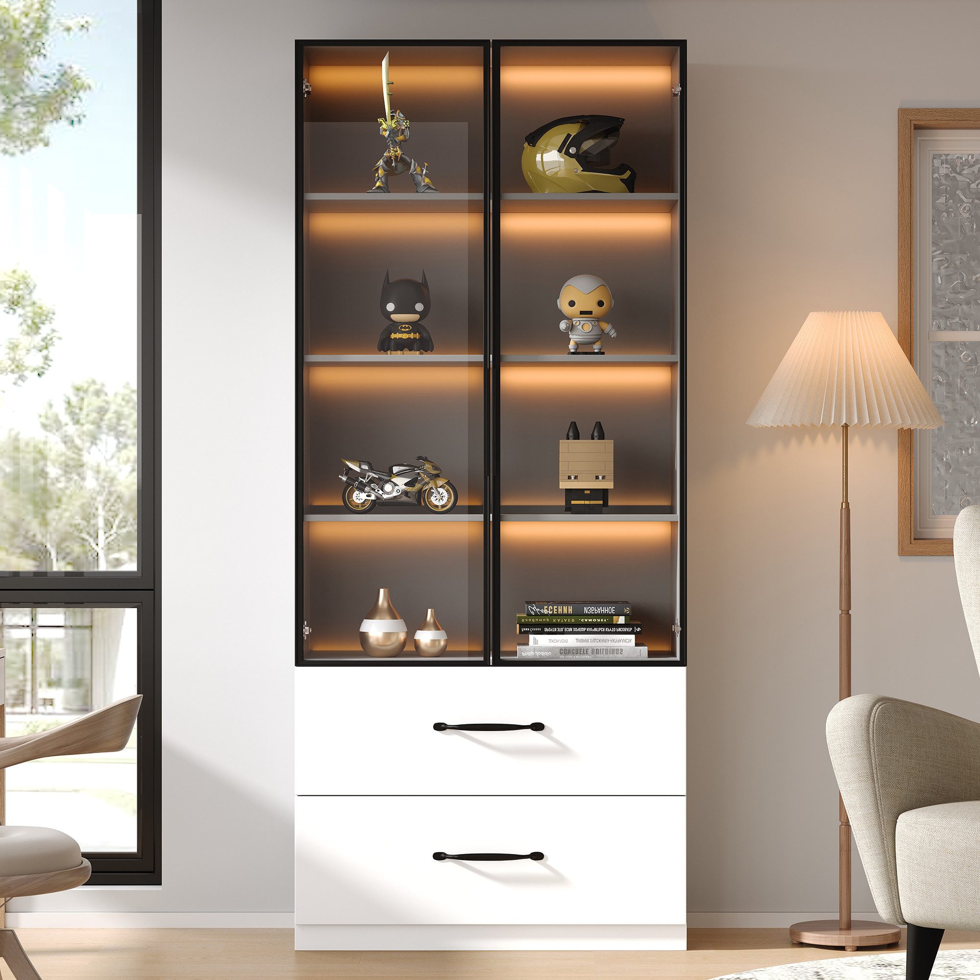 Flieks Vitrine Glasvitrine mit LED-Beleuchtung, glastüren und Schubladen (Maße: B60/T40/H160 cm, 1-St., Schrank für Wohnzimmer, Schlafzimmer, Arbeitszimmer und Büro) Hochschrank Bücherregal Standvitrine Mehrzweckschrank Weiß