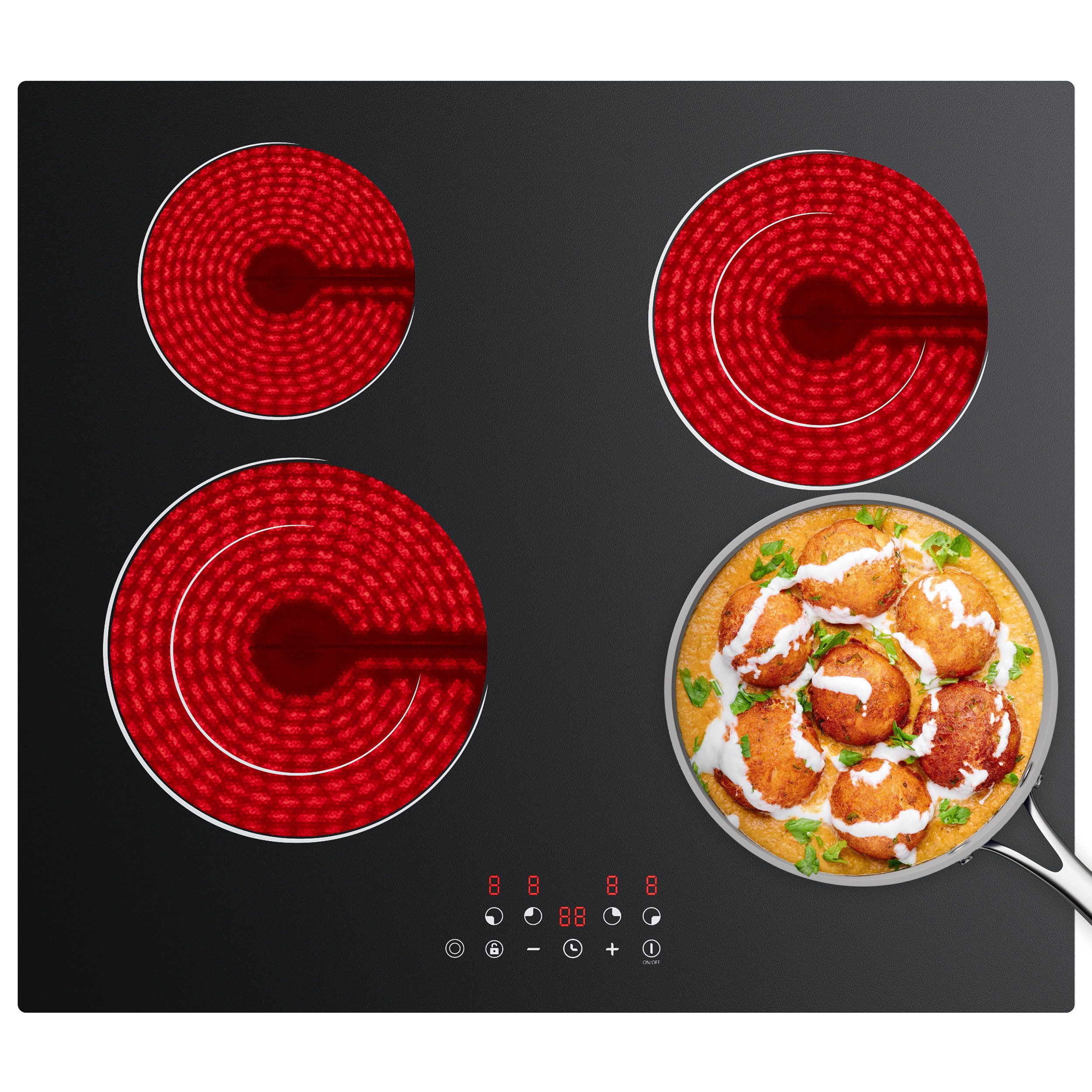 CDV Elektro-Kochfeld 60 cm Glaskeramikkochfeld Cerankochfeld 4 Zonen 2 Doppel-Ring Schnellaufheizung CDVER66BB, Einbau Ceran-Kochfeld 9 Stufen mit Timer 6600 W Touch Control