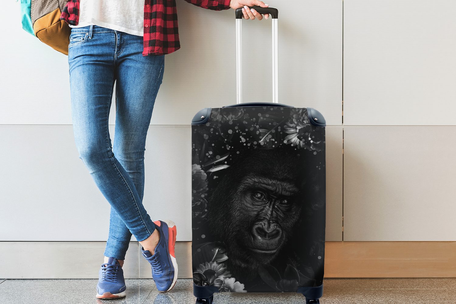 Hintergrund schwarz Reisekoffer Handgepäckkoffer für dunklem MuchoWow mit rollen, - 4 Trolley, Rollen, auf Affe mit Handgepäck und, Botanischer Glühbirnen Ferien, Reisetasche