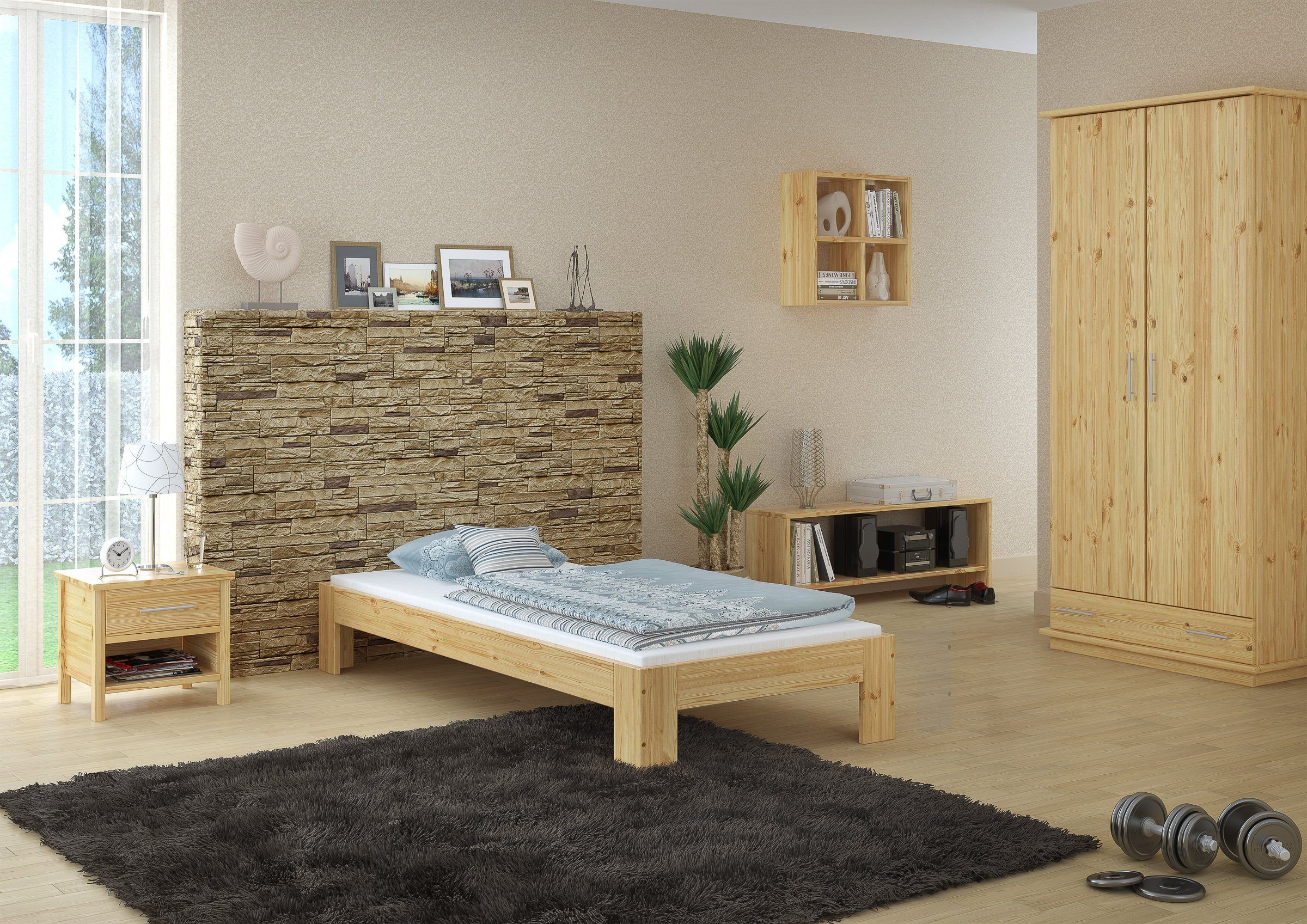 90x200 ERST-HOLZ Kiefer Kieferfarblos lackiert Einzelbett Bett Bettgestell, Futon massiv