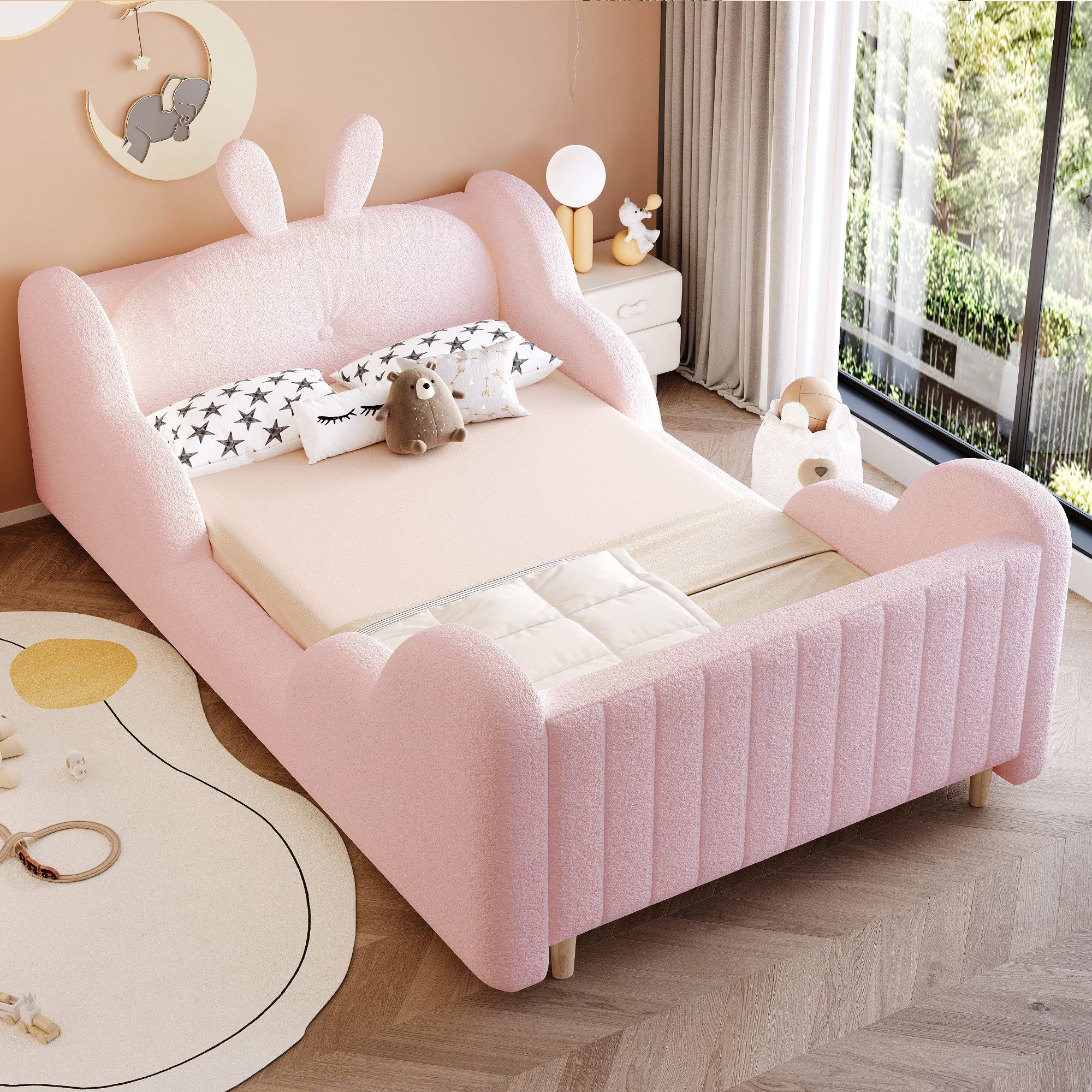 Flieks Polsterbett, Kinderbett 90×200cm mit Hasenform-Kopfteil und Wolkenform-Seitenteil