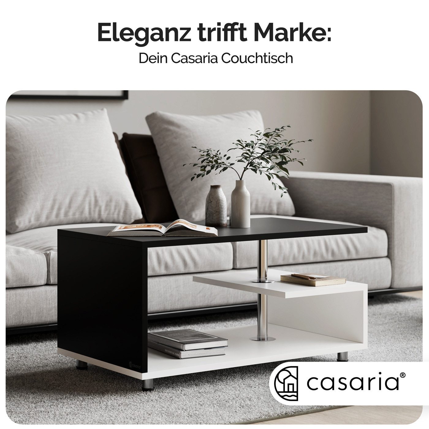 Casaria Couchtisch Orlando, Stauraum Ablagen Holz Modern Höhenverstellbar 95x55x50cm Schwarz Weiß