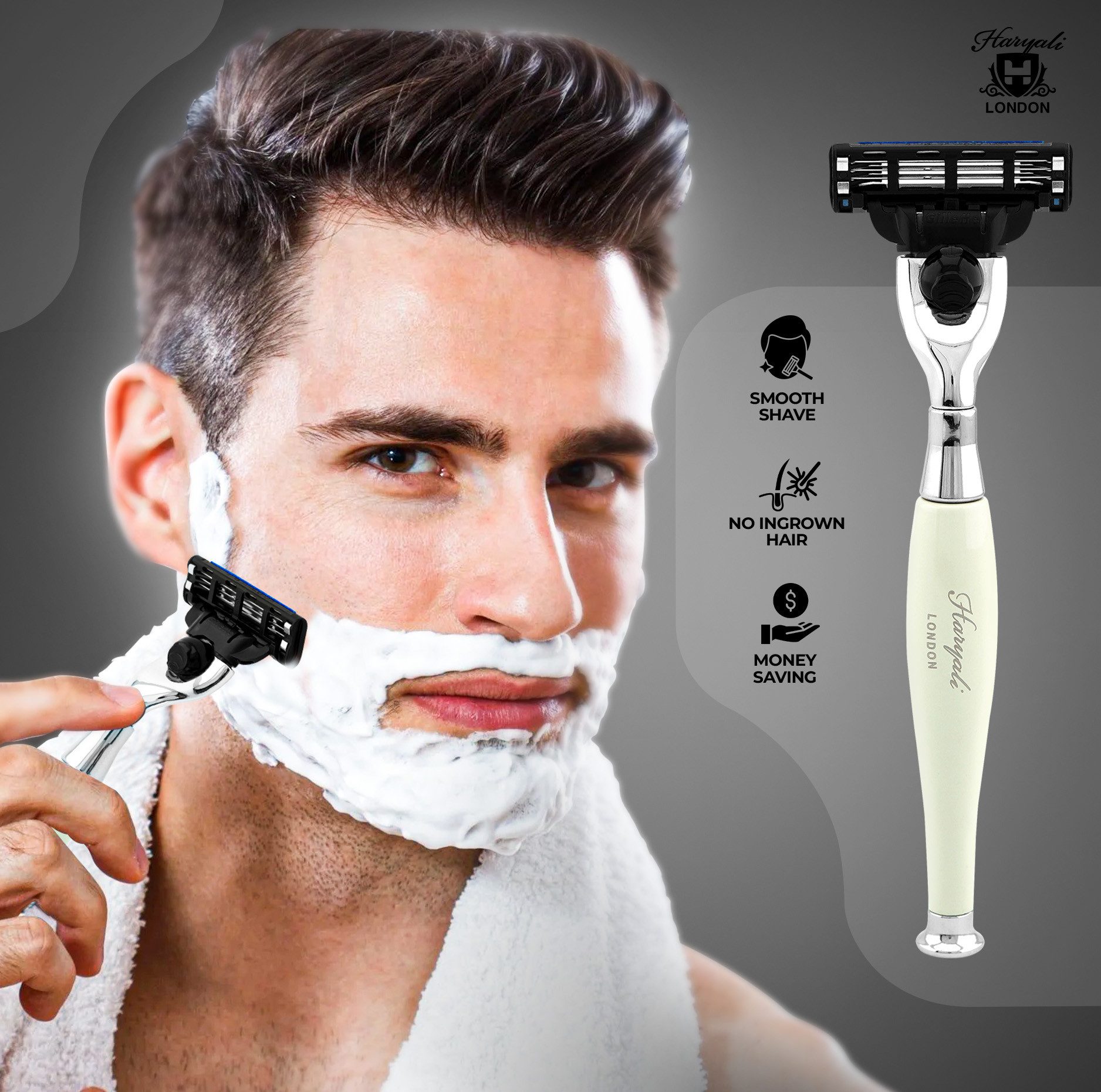 Haryali London Nassrasierer 3-Klingen-Rasierer für Unisex, Smart Grip, Bartrasierer Elfenbein, Pack, Rasierapparat mit abnehmbarer Klinge und messing-silbernem Griff, Abwaschbarer, rutschfester Griff. Passt auf alle Mach 3-Rasierer.