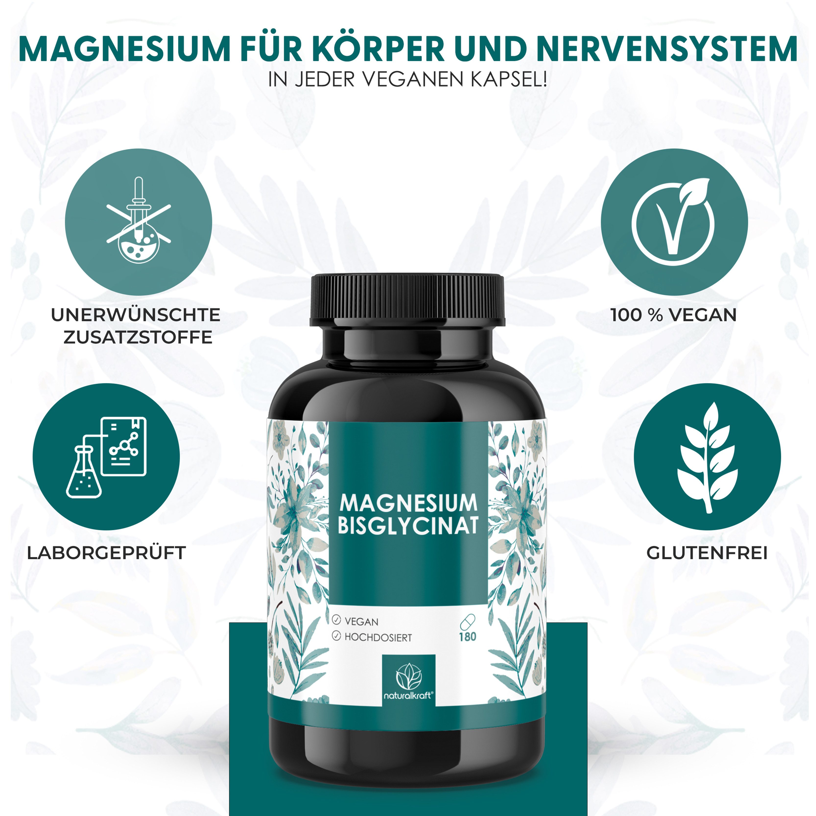 Naturalkraft Magnesium Bisglycinat Kapseln 2400 mg hochdosiert 180 Kapseln - Vegan Kapseln, 165 g