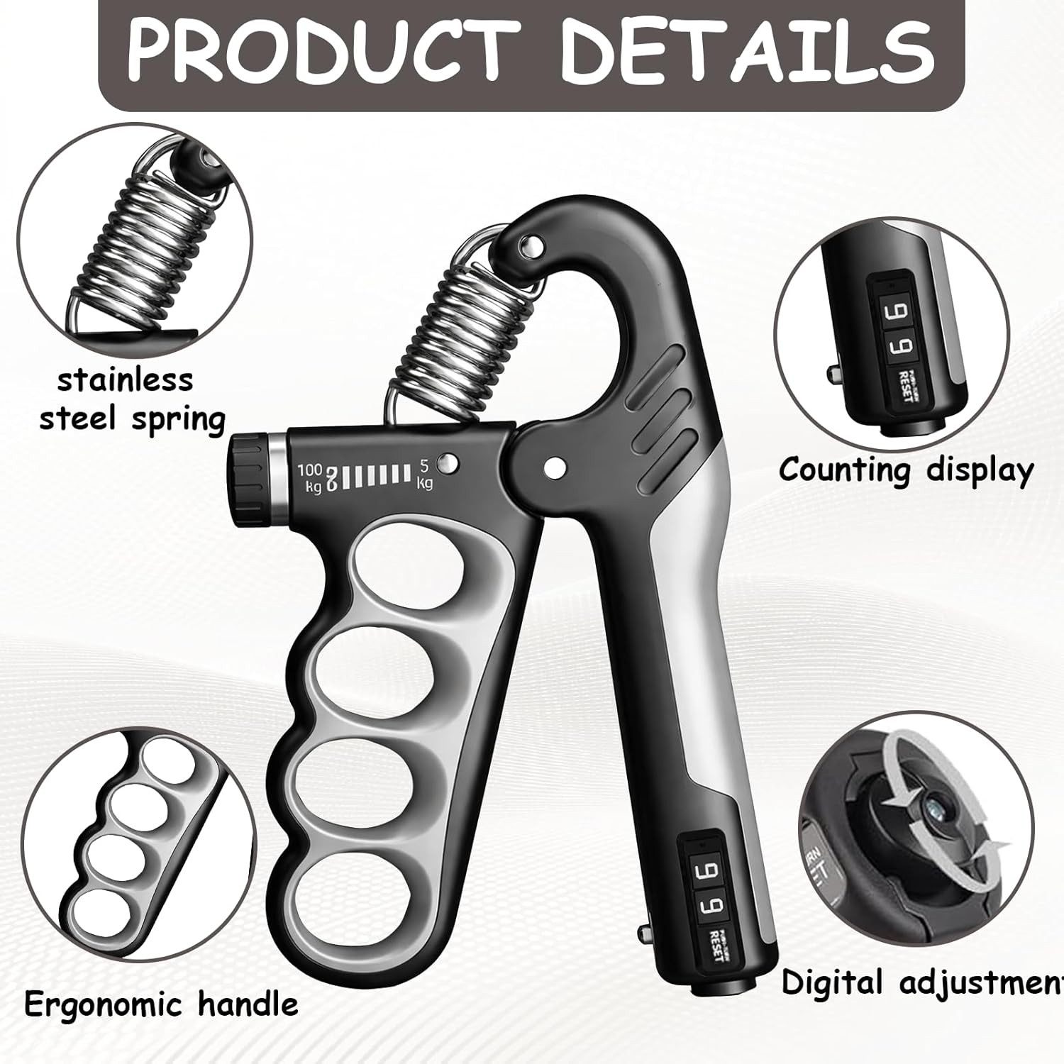 Forrlite Handmuskeltrainer Handtrainer Trainingsset(5er-Pack), Fingertrainer Griffkraft Trainer (Einstellbarer Widerstand 5-100kg, Fingertrainer, Griffkraft Trainer Set, Für Sportler und Wiederherstellung der Hand), Verbesserte Kraft und Grip Handgelenk Arm Unterstützung