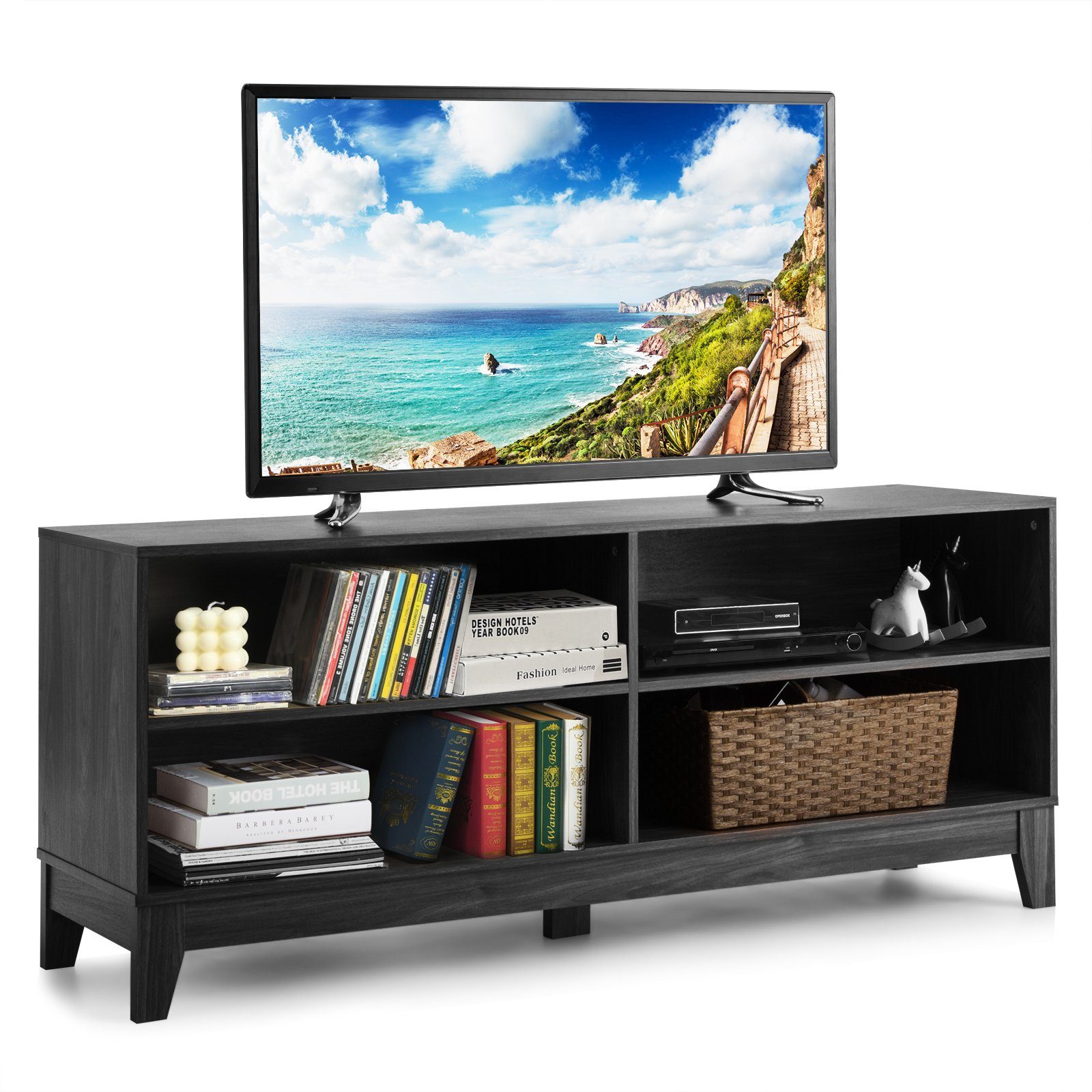 COSTWAY TV-Schrank Holz TV-Ständer mit Regale, 147x40x61cm Dunkelbraun