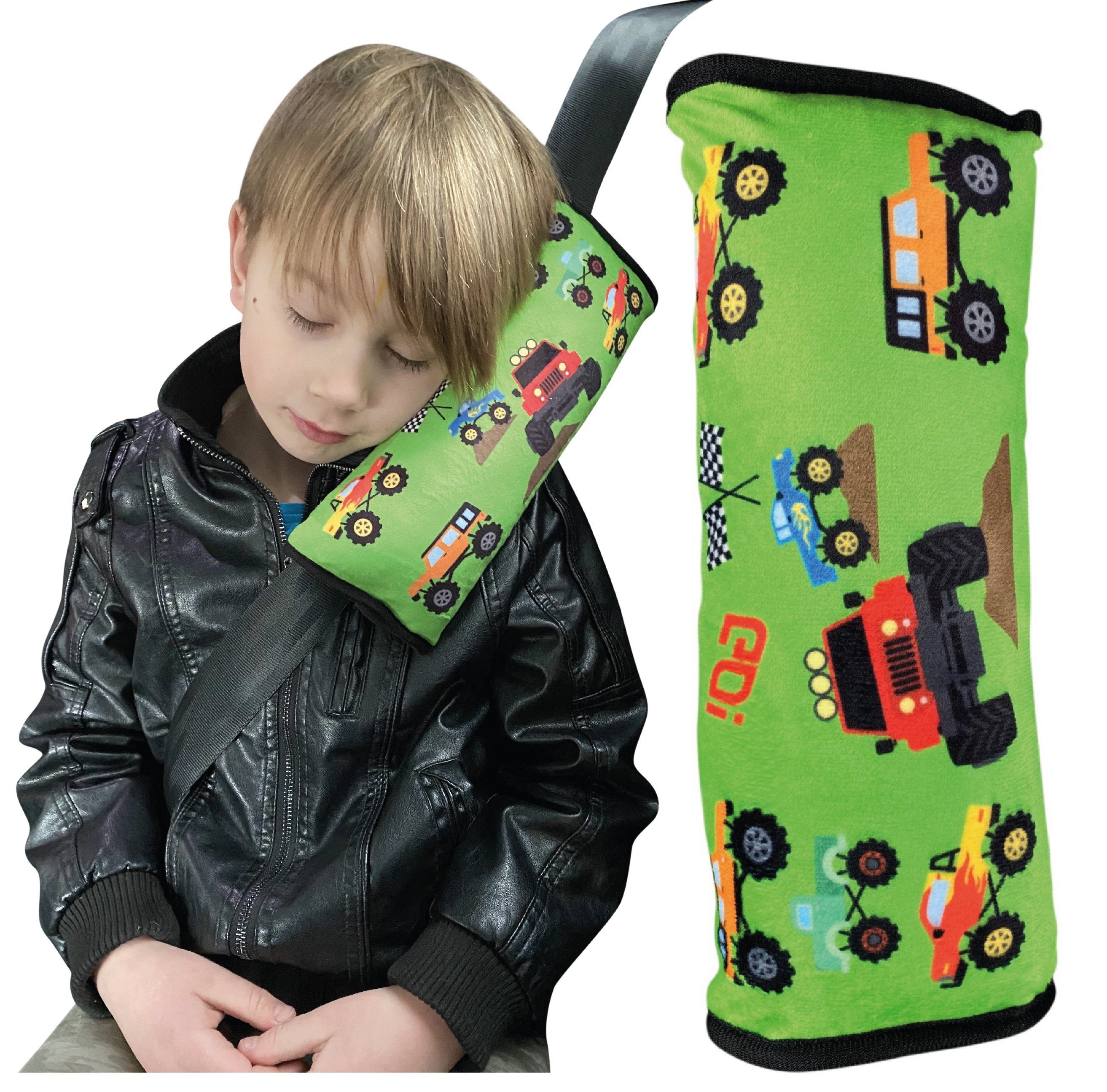 Schlafkissen Auto Schlafkissen Monster Trucks Motiv für Kinder Mädchen Jungen - maschinenwaschbar – kuschelweich - Auto Gurtkissen, Gurtschoner, Gurtschutz Sitzerhöhung, Auto Kissen, Reisekissen, Urlaub, HECKBO