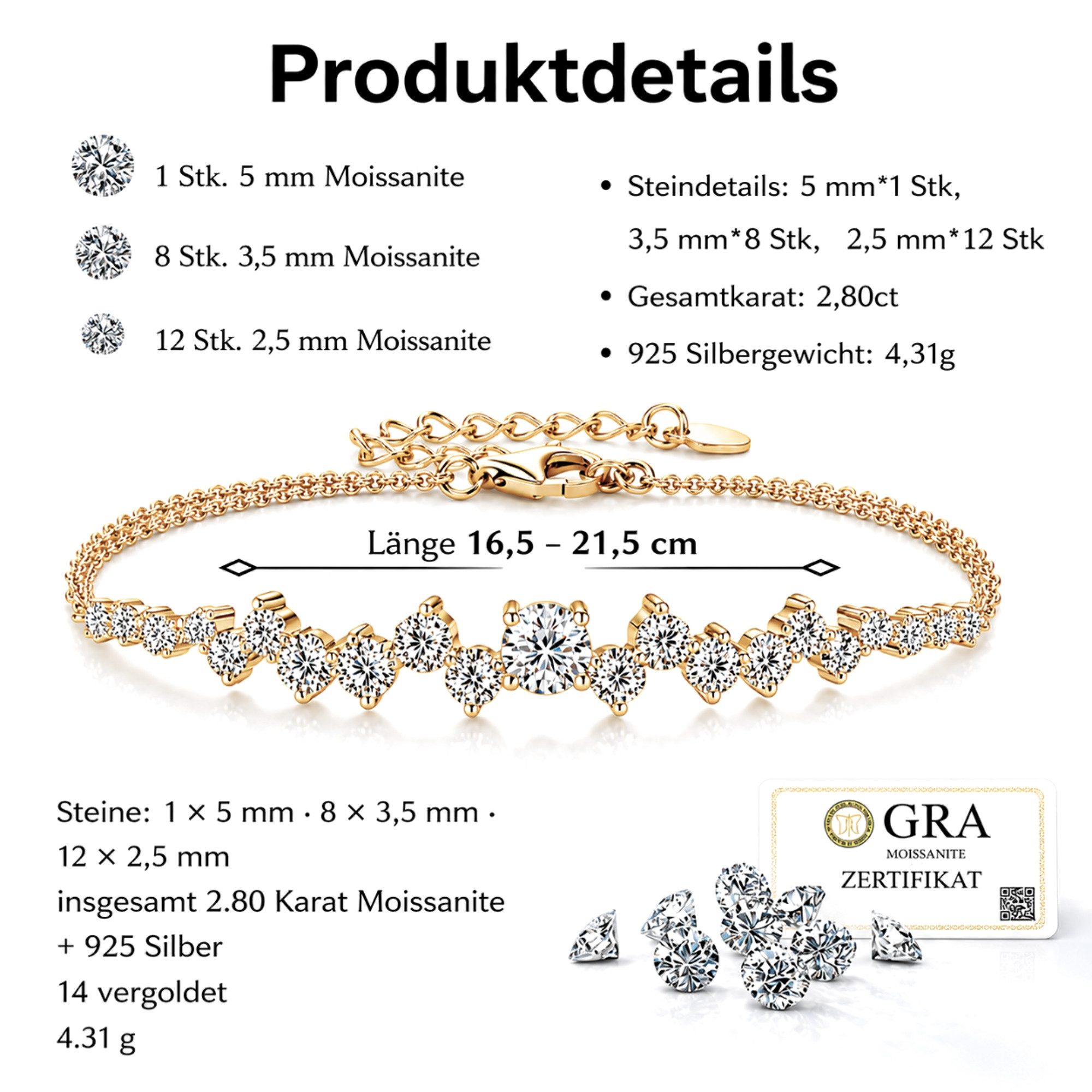UNIQAL.de Silberarmband Damen 925 Sterling Silber mit Diamant Moissanit 2,8 Karat - STELLARA (Silberarmband im Sternbild Design mit 21 Moissanit Steinen, 925 Sterling Silber weißgold oder 14K gold veredelt, inkl. Luxuriöse Schmuck Geschenkbox), Moissanit VVS1 Reinheit, GRA-Zertifikat, Armkette Geschenk für Damen