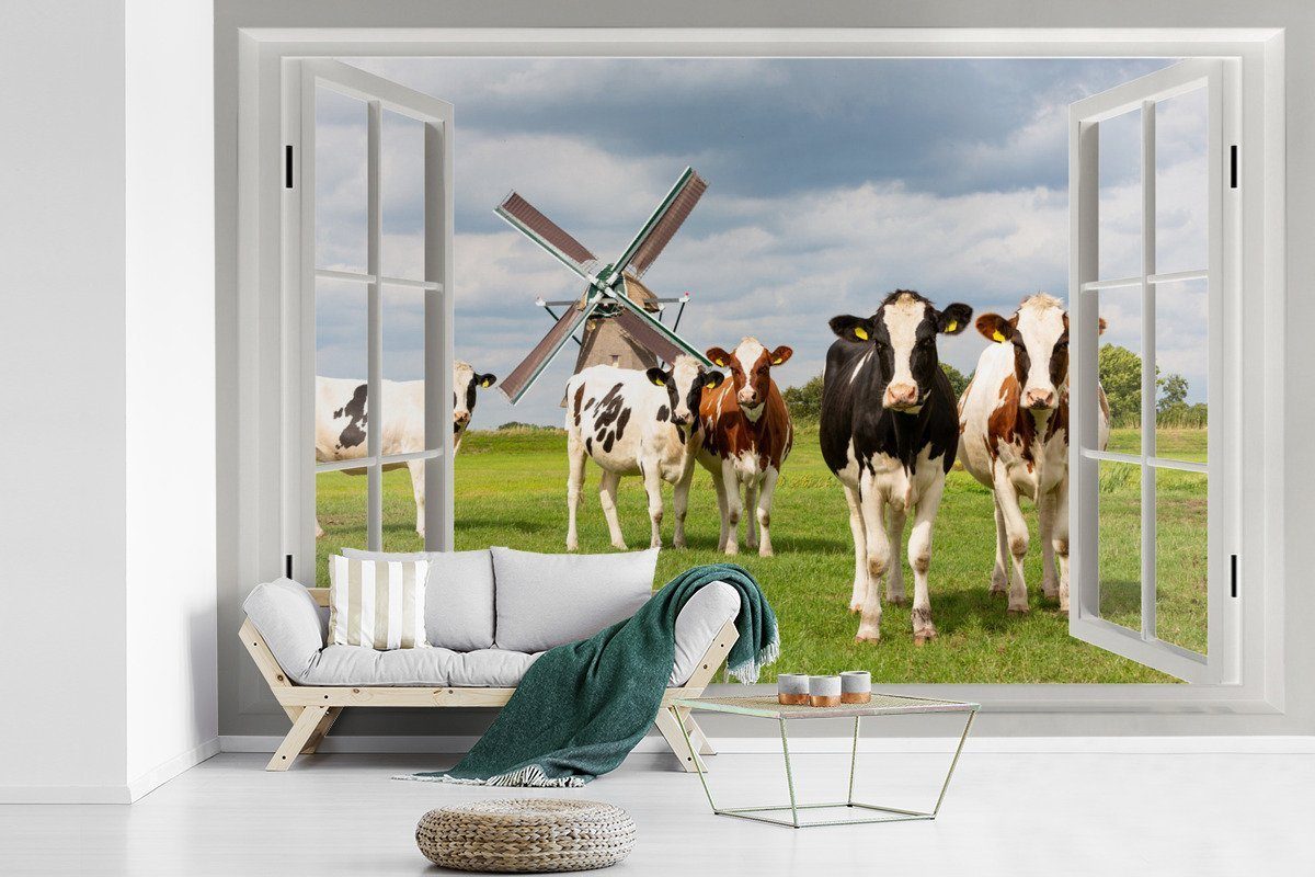 MuchoWow Fototapete Ansicht - Kuh - Mühle, Matt, bedruckt, (6 St), Wallpaper für Wohnzimmer, Schlafzimmer, Kinderzimmer, Vinyl Tapete