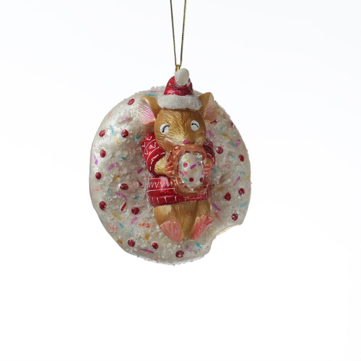 MARELIDA Christbaumschmuck Weihnachtsbaumschmuck Maus mit Donut Weihnachtsbäckerei Glas H: 10cm