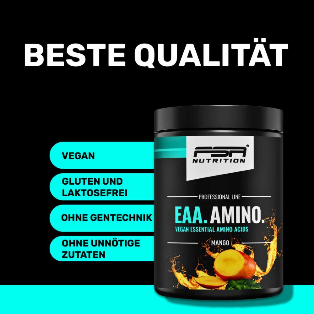 FSA NUTRITION EAA Amino - Aminosäuren Komplex hochdosiert - vegan - Mango Pulver, 500 g, Mit allen 8 essentiellen Aminosäuren + Glutamin