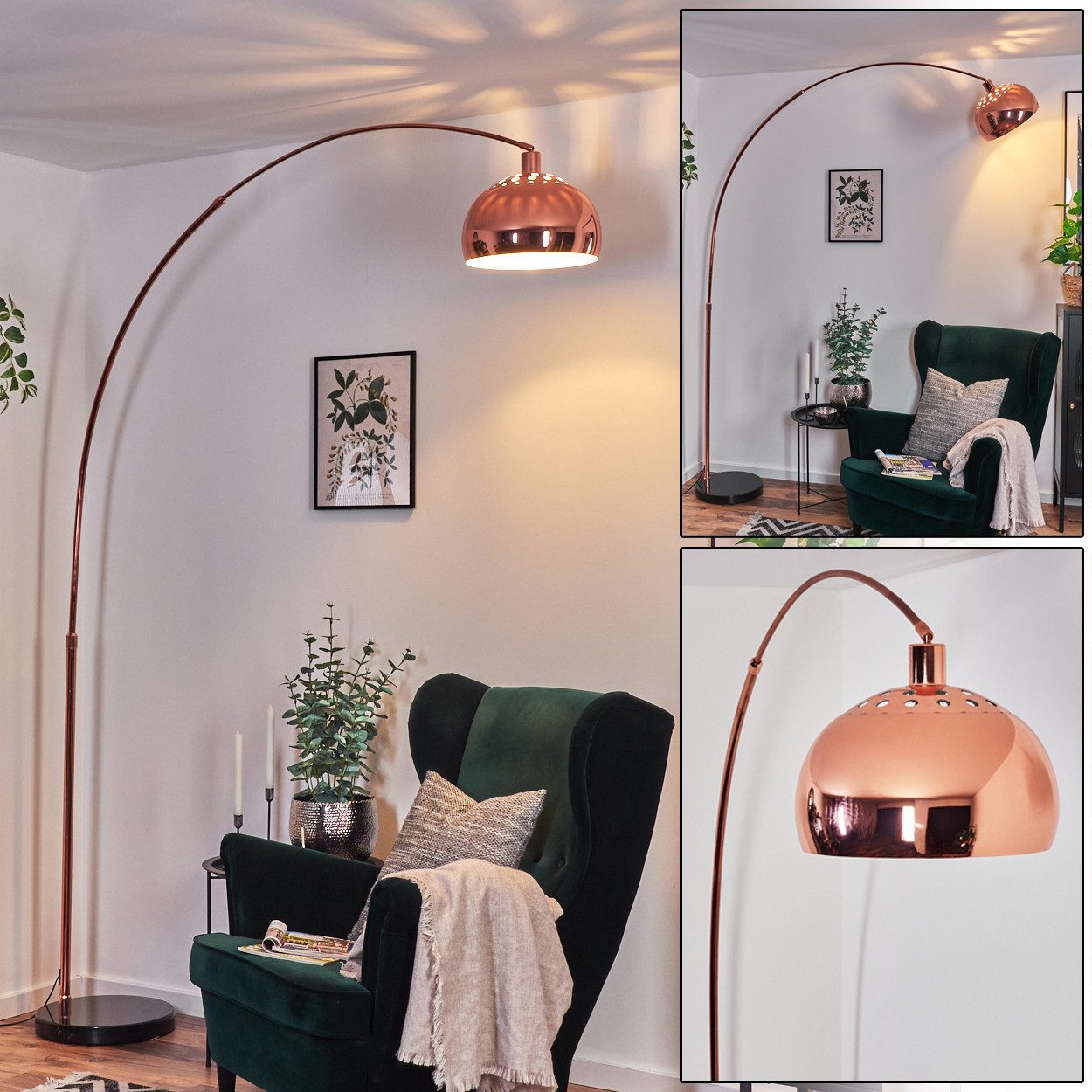 Bogenlampe Stehlampe aus Metall in Schwarz/Kupferfarben/Weiß mit Marmorfuß