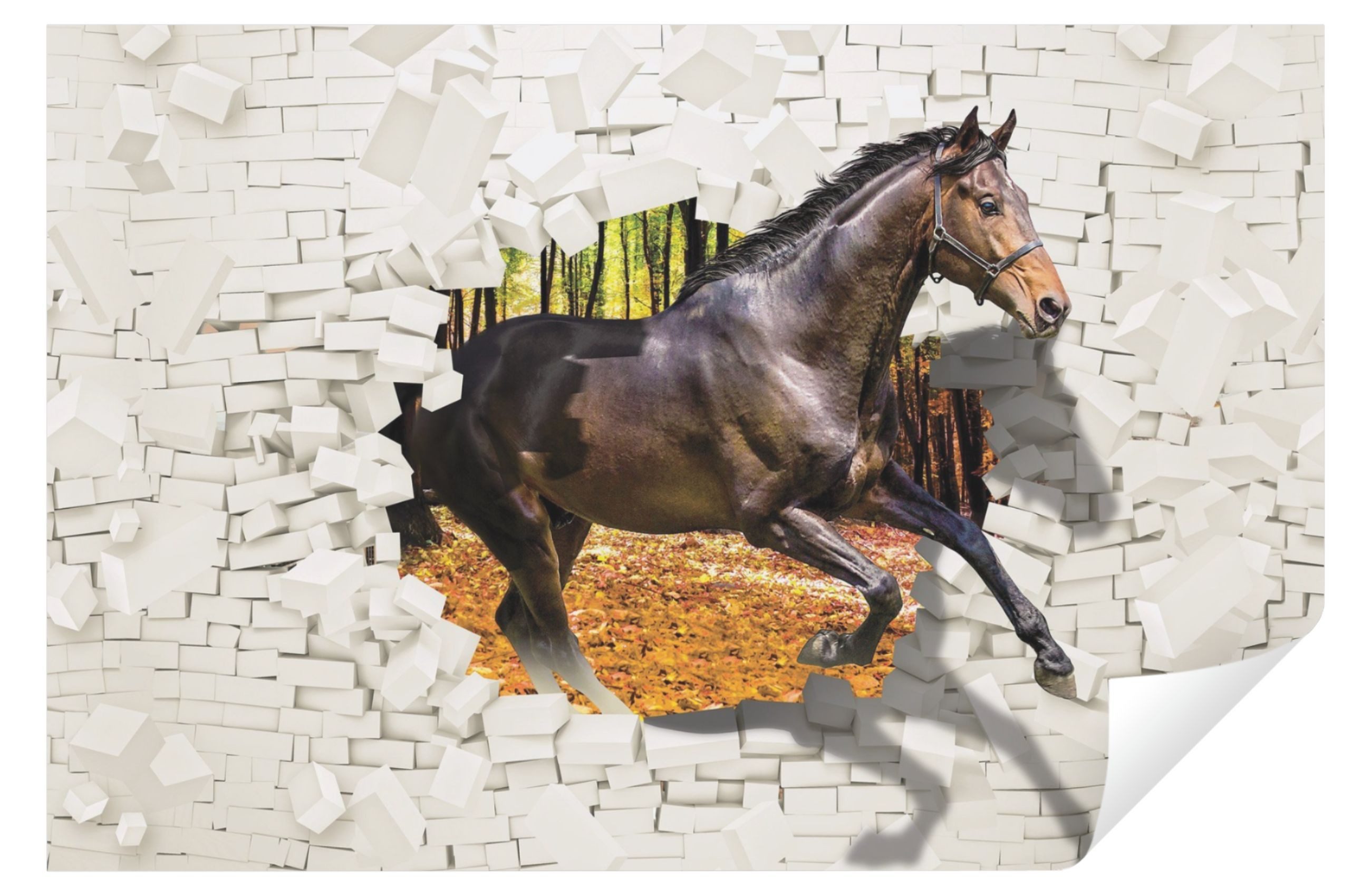 Wallarena Fototapete 3D EFFEKT Ziegel Wand Pferd Wald Vlies Tapete Wohnzimmer Schlafzimmer, Glatt, 3D-Optik, Tapete inklusive Kleister Vliestapete Motivtapete Wandtapete