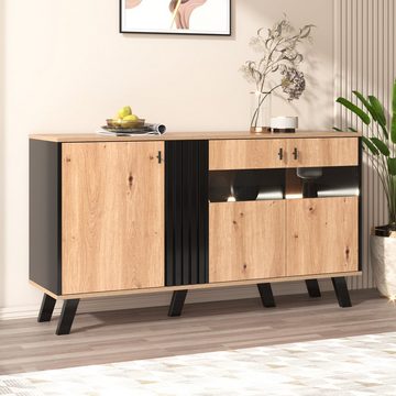 Merax Sideboard inkl. LED-Beleuchtung, B:140cm, mit 3 Türen und 6 Fächer, Anrichte, Buffet, Kommode Landhaus