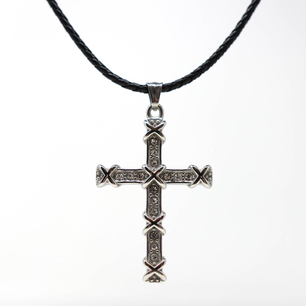 Kette mit Anhänger Lederkette Edelstahlkette 316L STEINCHEN KREUZ