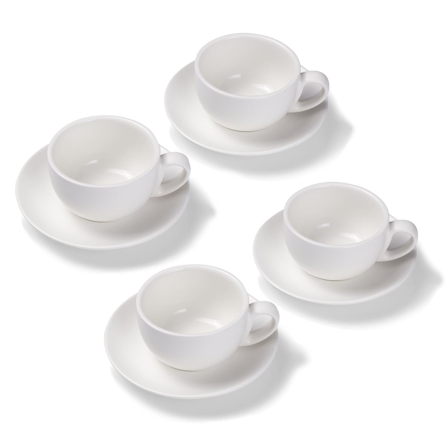 Terra Home Tasse 4er Milchkaffeetassen-Set, Weiß matt 350 ml mit Untertasse, Porzellan, spülmaschinenfest,extra dickwandig