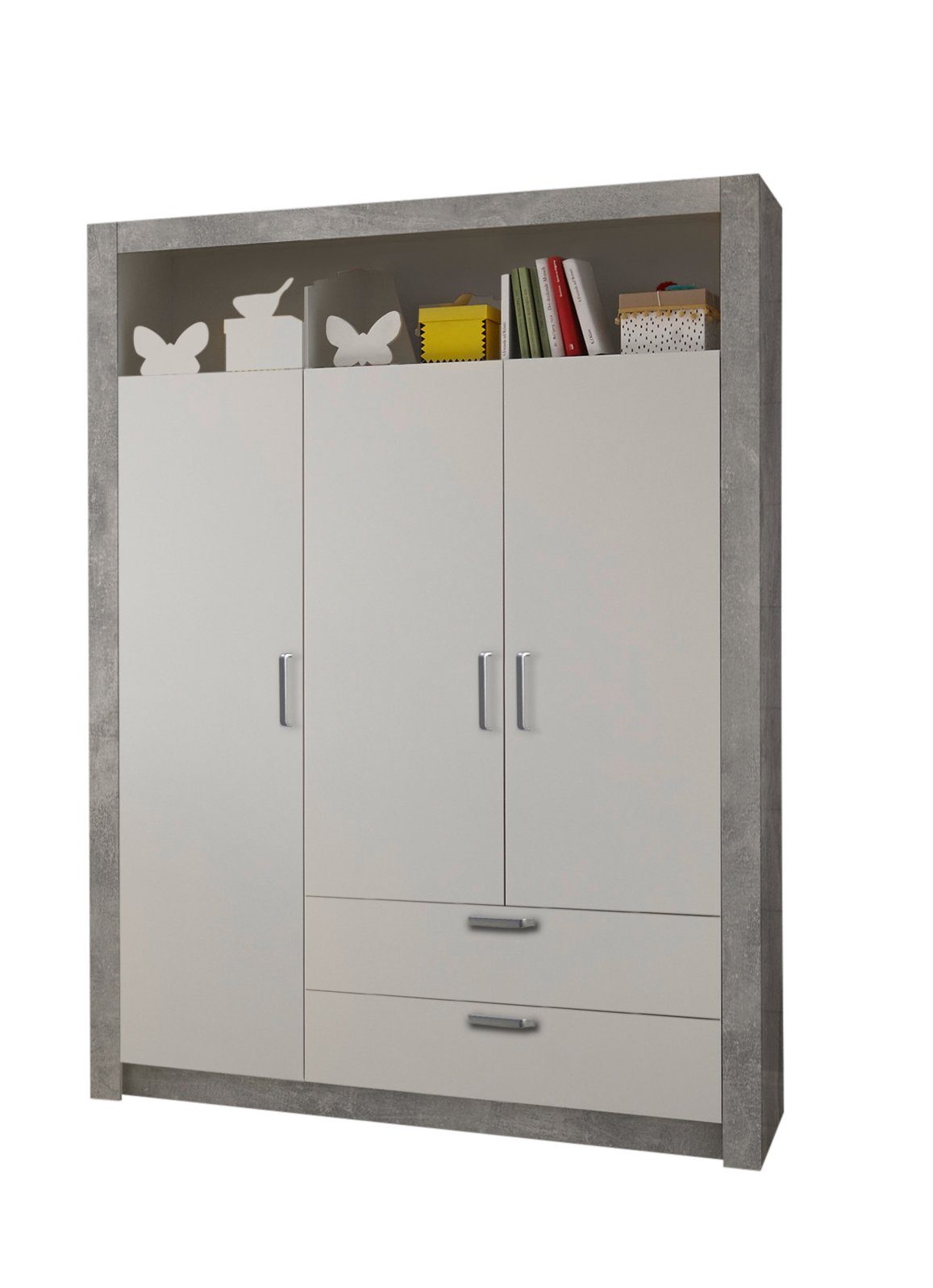 möbelando Drehtürenschrank Timo Eleganter Babyzimmer Kleiderschrank 3-türig  - Vielseitiger Drehtürenschrank mit viel Stauraum in Beton-Optik, weiß -  137 x 196 x 56 cm (B/H/T)